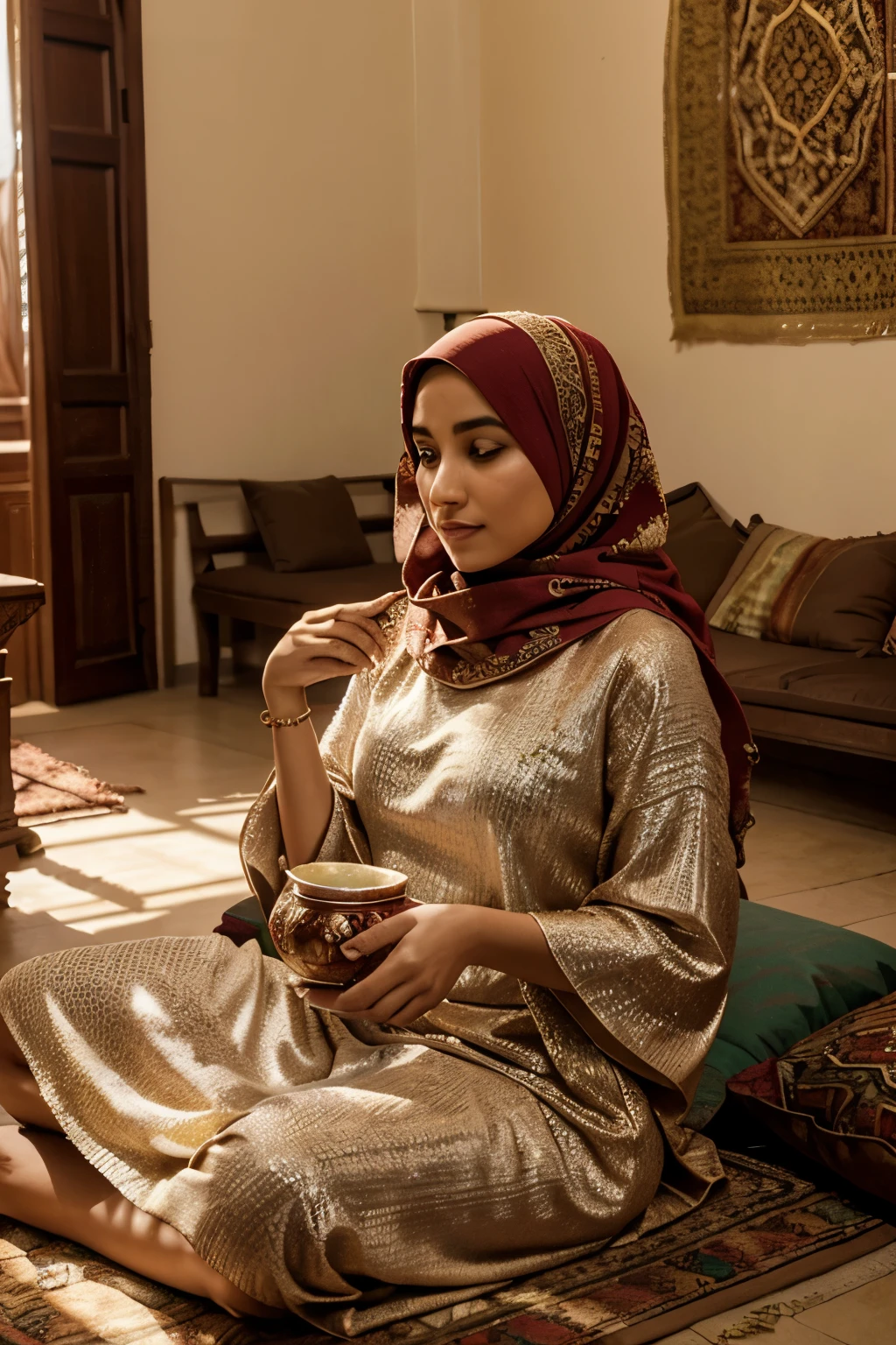 Create aREASLTIC portrait of a 21 woman wearing a hijab in a Moroccan household, capturing the ambiance of Ramadan. Set the scene in a traditional Moroccan living room filled with rich colors and intricate decorations. The woman, gracefully draped in her hijab, is seated amidst plush cushions, her hands elegantly arranging a tray of dates and tea. Soft, ambient light bathes the room, casting warm hues on the ornate furnishings. In the background, subtle hints of Ramadan decorations, such as lanterns and colorful textiles, add to the festive atmosphere. The portrait should exude a sense of tranquility and spirituality, while also celebrating the cultural richness of Morocco during the holy month of Ramadan