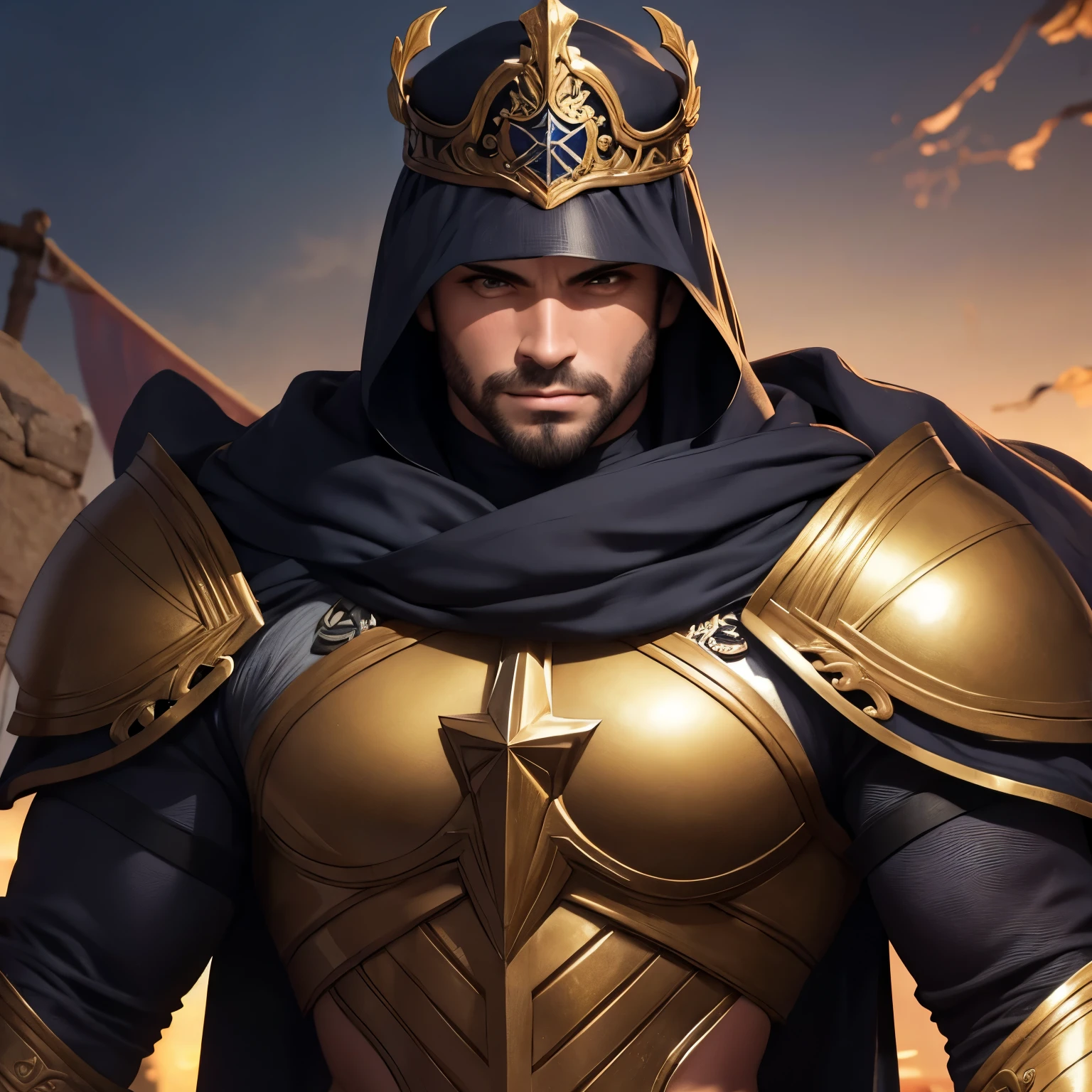 Homem Guerreiro, cabelos pretos, olhos vermelhos, alto, musculoso.