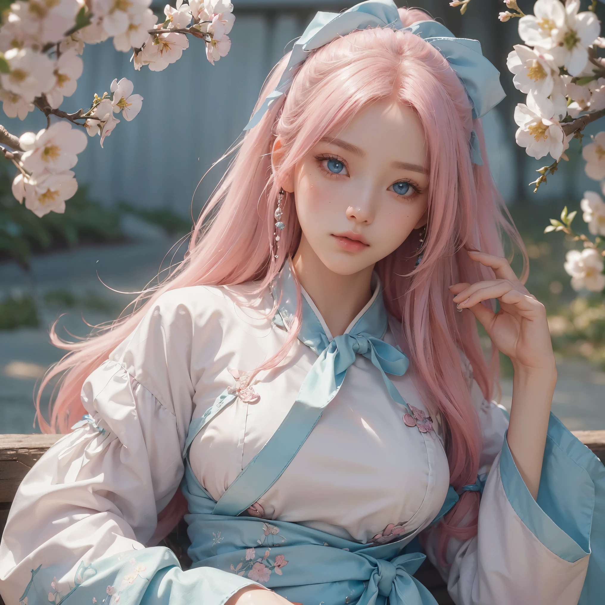 (finely detailed beautiful eyes and detailed face,masterpiece sidelighting,masterpiece,best quality,detailed,high resolution illustration),, (1girl,whole body,bishoujo,lustrous skin,looking down,looking at viewer),, beautiful white blossom baground (pink hair,blue eyes,ribbon,hanbok, korean clothes), (clothed_underbust:1.2),underboob,