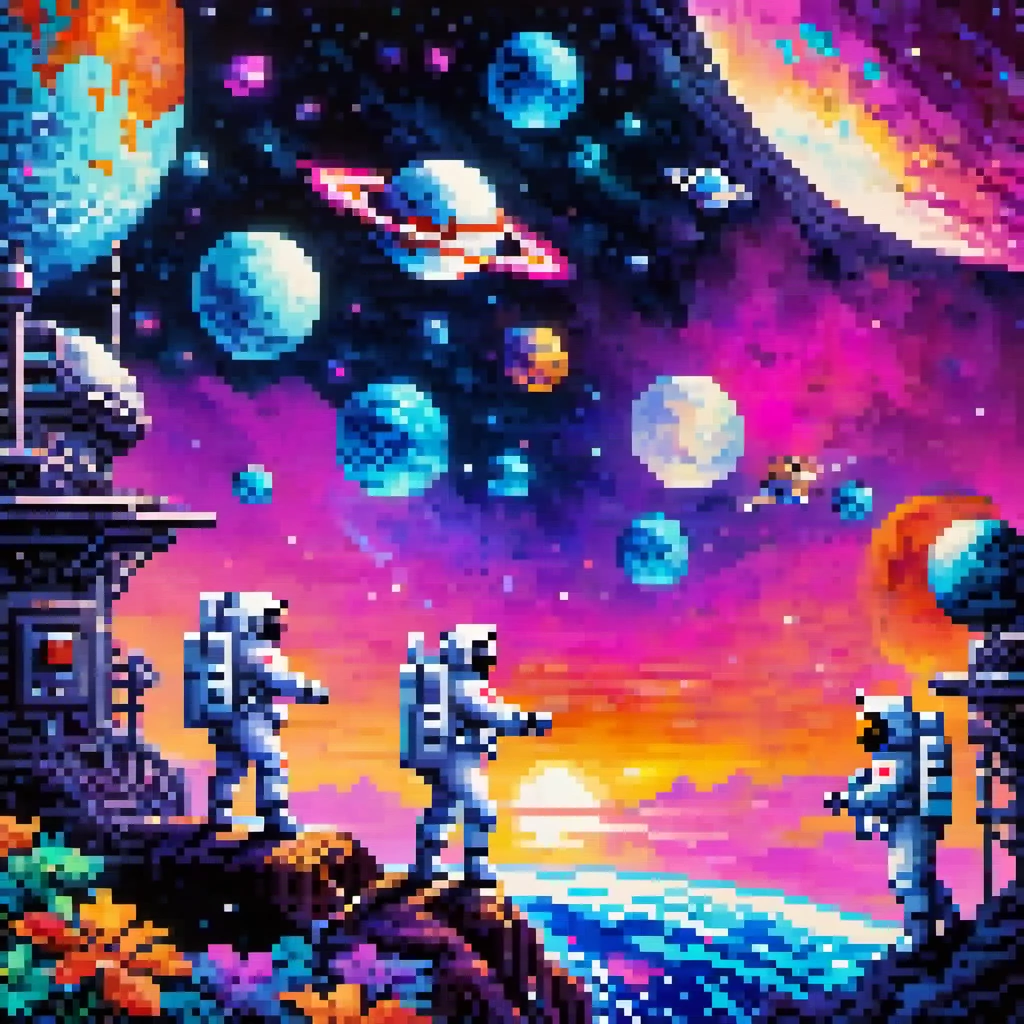 Pixel Art, Pixelated 1980s-style astronauts float above Earth in vibrant neon space with distant stars, detailed helmets, and white suits with red and blue accents, waving at each other. HD 2D Pixel Art :: Pixel style :: Pixels