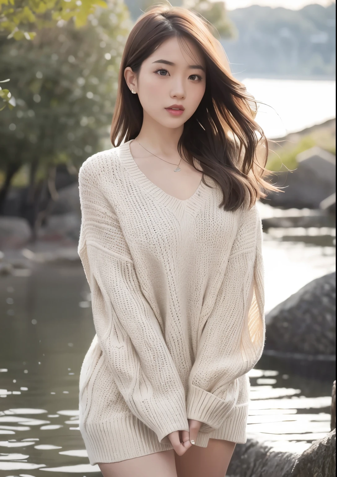 (NSFW)、Girl walking on the river、mix4、Sweaters、s lips、open_mouth、realisitic、(masterpiece)、(Realism:1.3)、The ultra-detailliert、(highdetailskin:1.2)、(top-quality:1.0)、(ultra res:1.0)、Wavy detail hair、Long、sun shine、(Beautiful detail makeup)、(sexual excitement、heavy breath:1.0)、Flower-themed petals scattered、 (Soft Light Bloom:0.5)、((cammel toe))