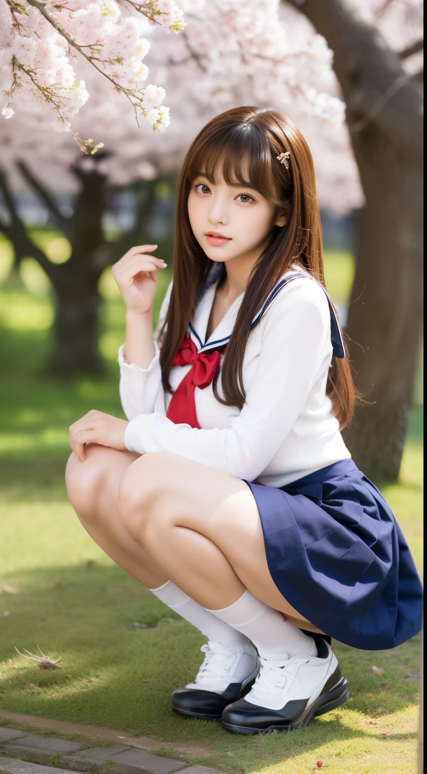 ulzzang-6500-v1.1,(Masterpiece, BestQuality:1.3), Super detailed, finely, High resolution, 8k wallpaper, perfect dynamic composition, 18 year old girl、 (Super beautiful,squatting down:1.5), (mini skirt, fullbody、thin leg:1.4)、Japanese high school girl、sailor suit、bright look、best style,anatomically correct body,gorgeous atmosphere, larger breasts,under the cherry tree