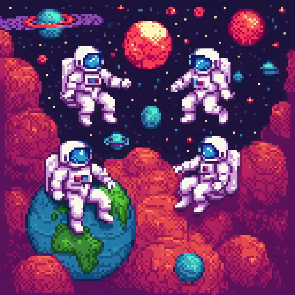 Pixel Art, Pixelated 1980s-style astronauts float above Earth in vibrant neon space with distant stars, detailed helmets, and white suits with red and blue accents, waving at each other. HD 2D Pixel Art :: Pixel style :: Pixels