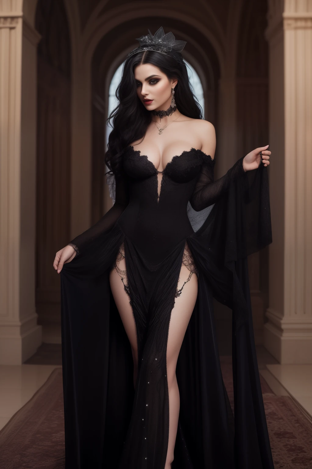 Title: "Under the Enchanted Moon: A Dark Romance"

[A captivating and alluring book cover image, showcasing a tantalizing dark romance story]

[A seductive man, dressed in a sleek and sophisticated black suit, exudes an air of mysterious charm and power, embodying the intriguing male lead]

[Beside him, a mesmerizing native woman with cascading purple-highlighted curls, captivates the viewer's attention, dressed like a sexy and enchanting witch, clad in gossamer fabric adorned with intricate symbols and patterns]

[As they stand close,