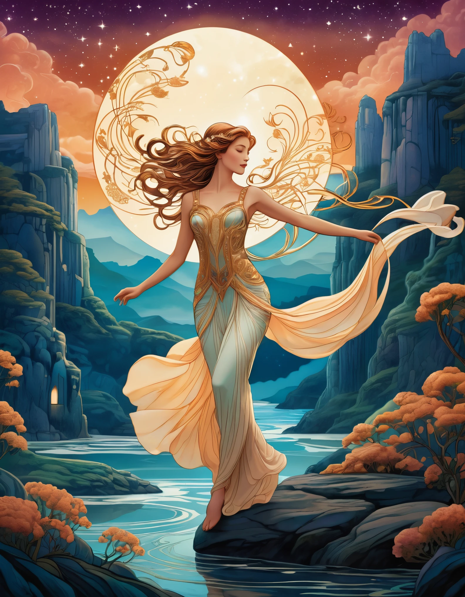 A legendary beauty with tales of adventure written in the stars, set against a backdrop of ancient mythology and epic landscapes. Rendered in the style of Art Nouveau, her form is graceful and ethereal, with flowing lines and intricate details that evoke the timeless beauty of myth and legend.