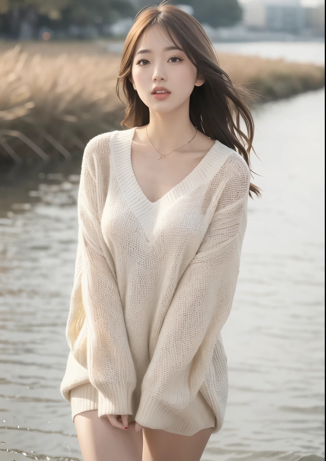 (NSFW)、Girl walking on the river、mix4、Sweaters、s lips、open_mouth、realisitic、(masterpiece)、(Realism:1.3)、The ultra-detailliert、(highdetailskin:1.2)、(top-quality:1.0)、(ultra res:1.0)、Wavy detail hair、Long、sun shine、(Beautiful detail makeup)、(sexual excitement、heavy breath:1.0)、Flower-themed petals scattered、 (Soft Light Bloom:0.5)、((cammel toe))