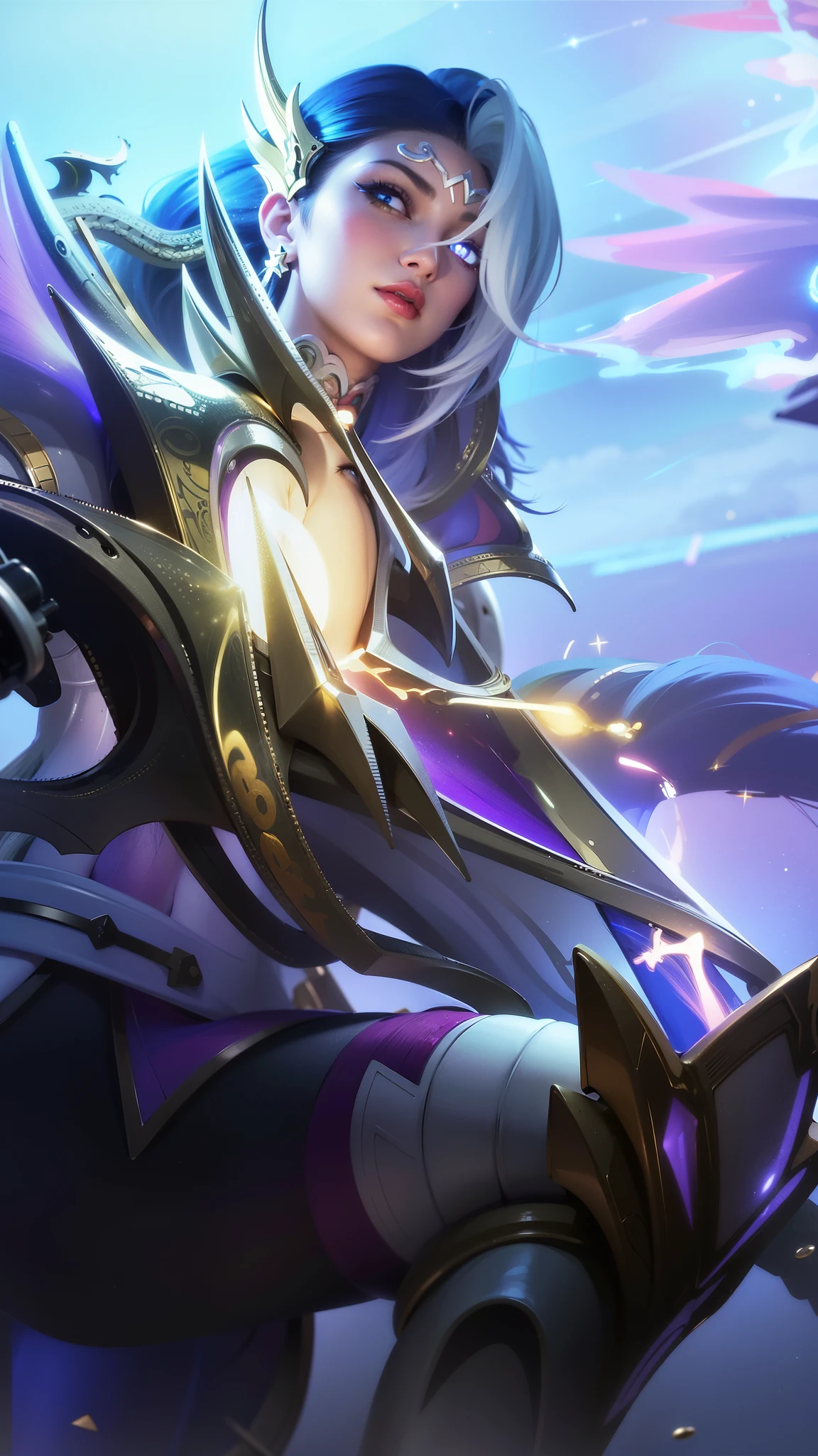 a close up of a woman with a gun in her hand, blue long hair, red lips glossy, 8k, ultra hd, ultra detailed texture, hyper realistic, masterpiece, detailed texture, detailed face, detailed skin, detailed lighting, (photorealistic:1.5), best quality, beautiful lighting, cinematic lighting, professional lighting, ultra highres, realistic, detailed hair, real hair, high quality, (realskin:1.5), extremely detailed, finely detail, ultra-detailed, blue eye