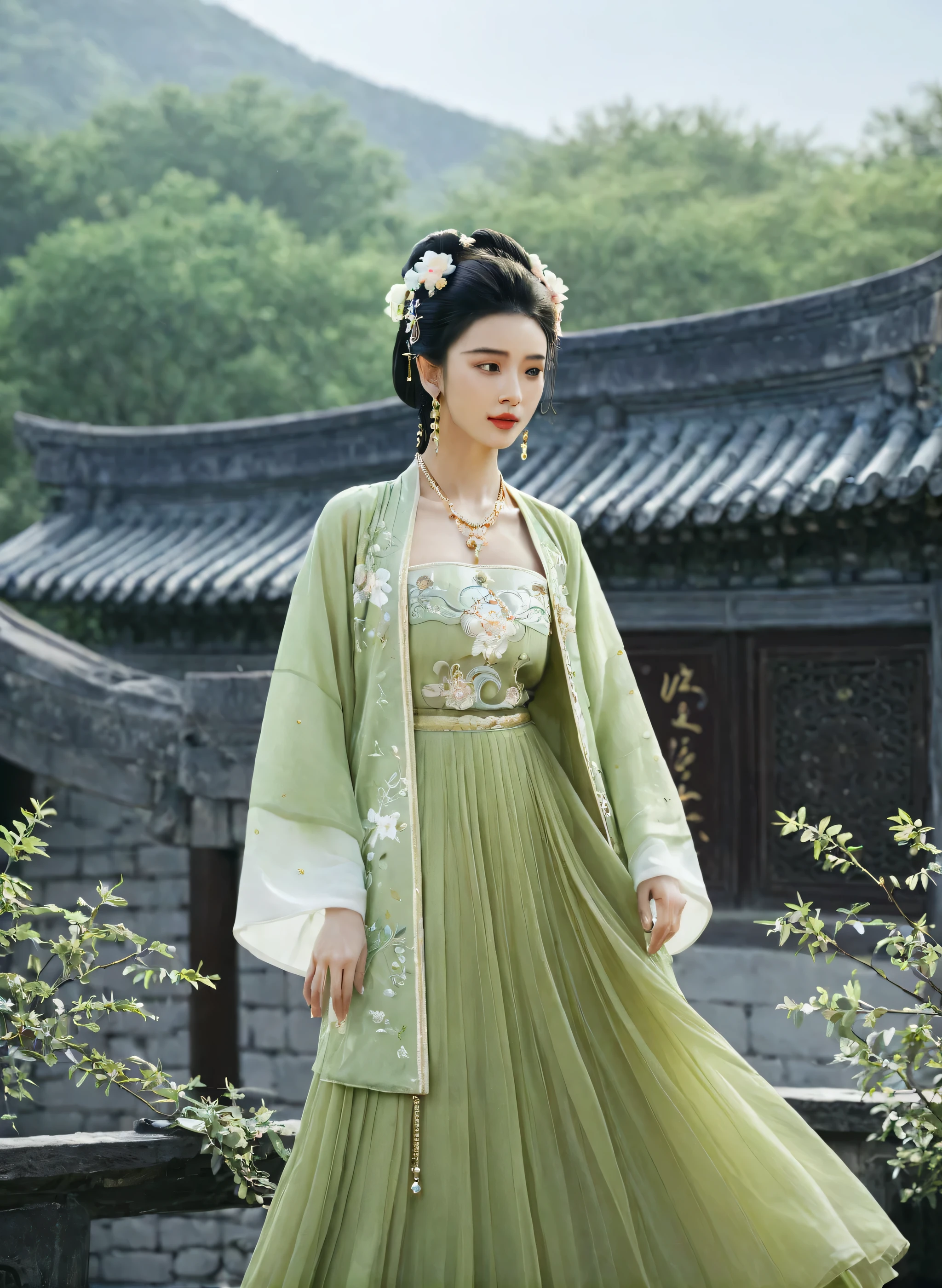 masterpiece,最OK质量,8K,official art,ultra high resolution,1 girl,looking at the audience,Chinese clothes,hanfu,jewelry,hair accessories,Upper body,alone,earrings,night_Sky,rubble_ruins,flower,black hair,necklace,teeth,OK,skirt,open lips,hair flower,((whole body)),skirt,hanfu,embroidery,beautifully,meticulous,(chiffon:1.4),