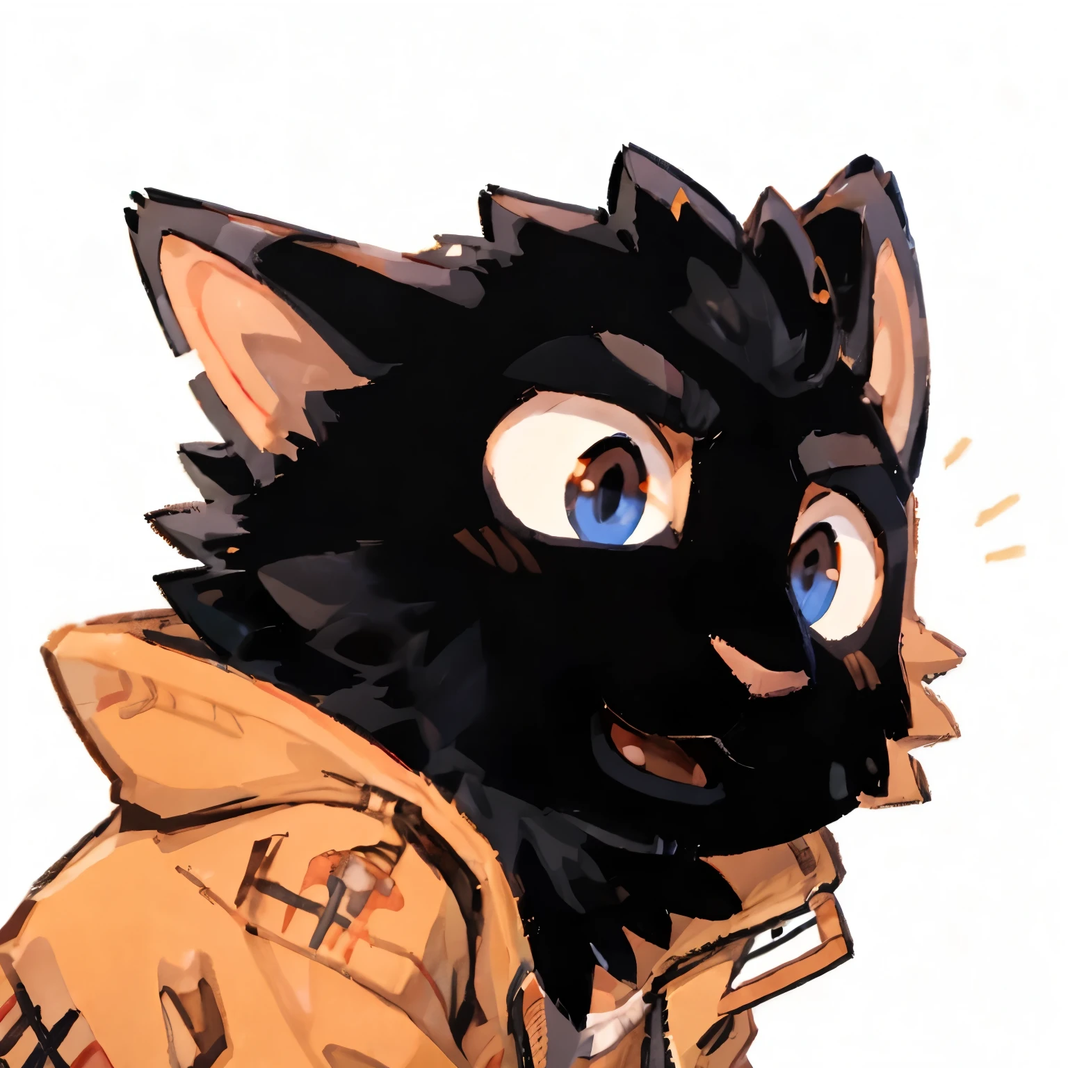 furry，male，avatar，black cat，black fur，Wearing an orange jacket，  Furry style，furry affinity, high resolution, Cartoon rendering art style, black and orange, furry characters,Open your mouth and smile，laughing out loud