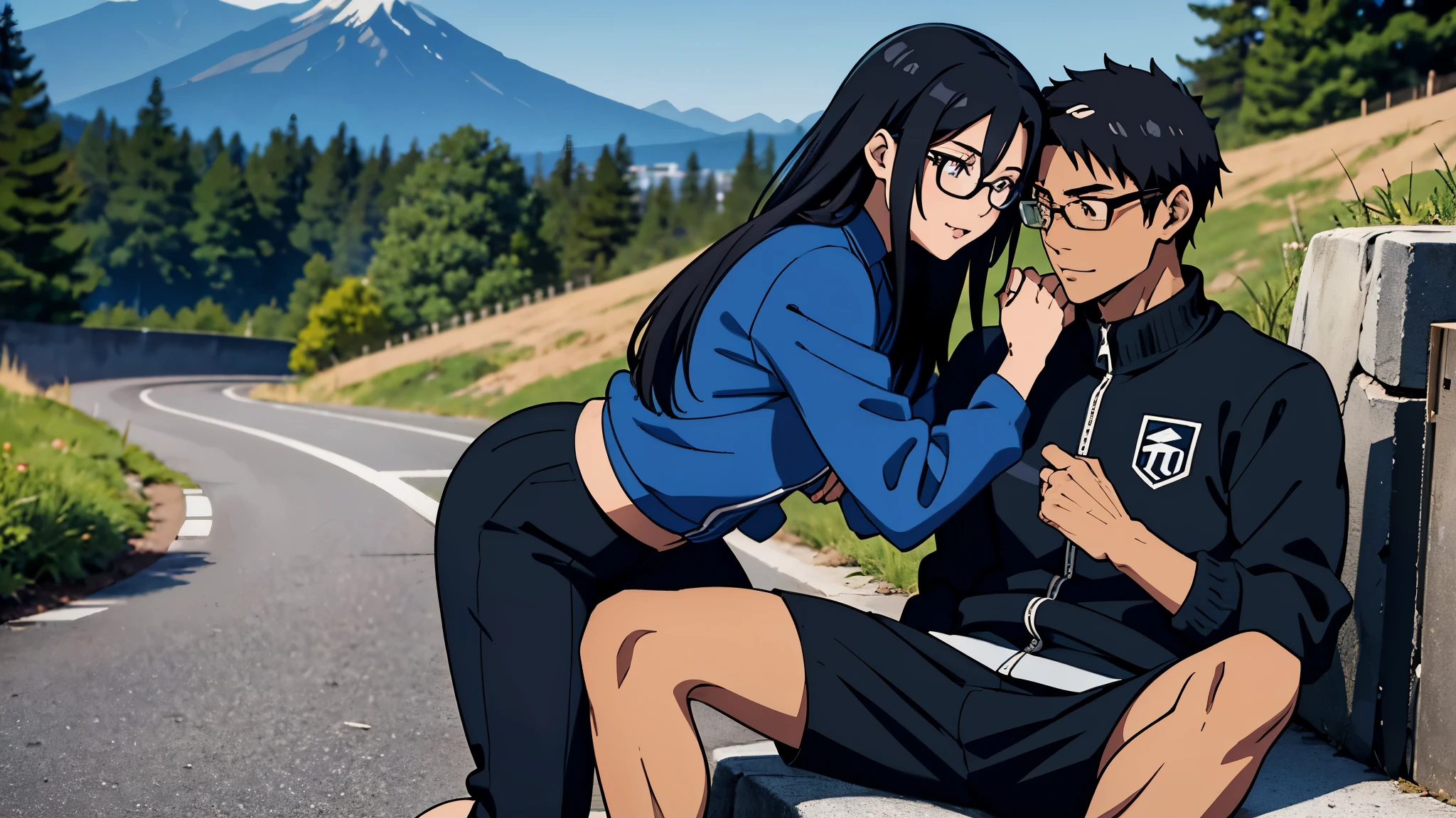 twilight time of day, japanese anime style, young couple on top of a mountain road, tanned skin tone, man wearing glasses, spiky hair, wearing a fitted black and white varsity jacket, woman wearing blue tracksuit, black color sports shoes, couple is looking at each other, woman is caressing man's face lovingly with her hand, sports bike in the background
