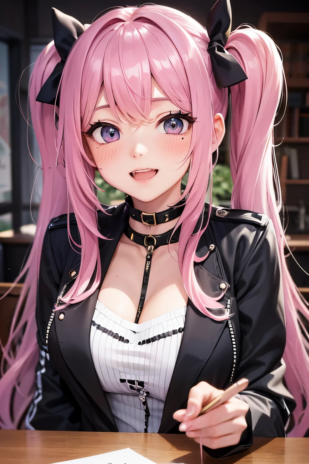 striped hair,pink twintail hair, Hello, mole under eye, mole under mouth, heart shaped eyes, long eyelashes, pink eyes, heart shaped choker、Full body Esbian、look at the audience、shy, blush, teeth, ear blush, nose blush,anime style, color field paint, ray tracing, bloom, one person'perspective, nffsw, award-winning, 16k, 最high quality, advanced details, high quality, table top, High resolution, Accurate, Super detailed