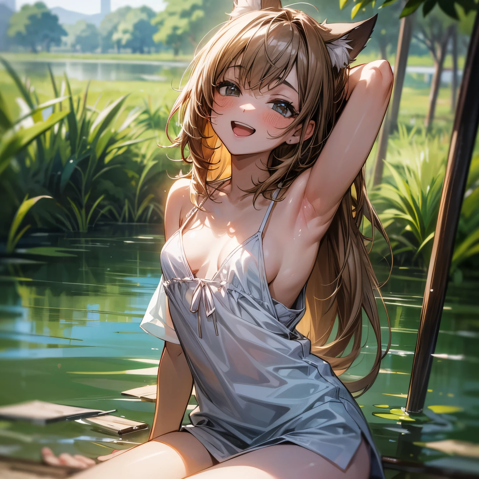 ((Masterpiece)), (Anime:1.3), ((best quality)), (RAW photo:1.2), (Professional Photography:1.3), (High Definition), (), 8K, cinematic lighting, unruly hair, medium hair, (exposed small breast), badly pantie, (dirty loose white camisole), Slender small breasts, (sexy pose), laughing, (open mouth), Textured skin, cat ears, pale brown hair, Cute Beautiful girl, BREAK, ((best quality)), after rain, (Sitting at the shallow swamp), slum townscape,