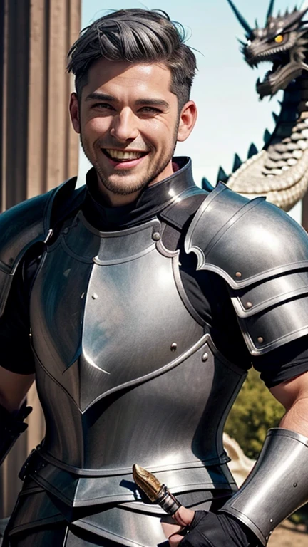 ((best quality: 1.5)) ((masterpiece: 0.8)), intricate details, sharp focus, professional, photorealistic, real life, realistic representation of the face, ((((solo, male) muscular (smiling, joyful expression)))) dynamic action pose, homely face, in the style of realistic and hyper detailed renderings, outdoor, castle, courtyard, pillar, solo, BREAK; BREAK ((((short undercut hair, [dark hair:gray hair:0.2])))), (((scar: 1.0))), ((fujicolor)), BREAK; BREAK ((((futuristic male man masculine paladin, ((lacquered black armor:1.4, breastplate, weapon, knight, middle aged mature, side:0.8, (ride Chinese white dragon))), photorealistic, hyper-realistic))))