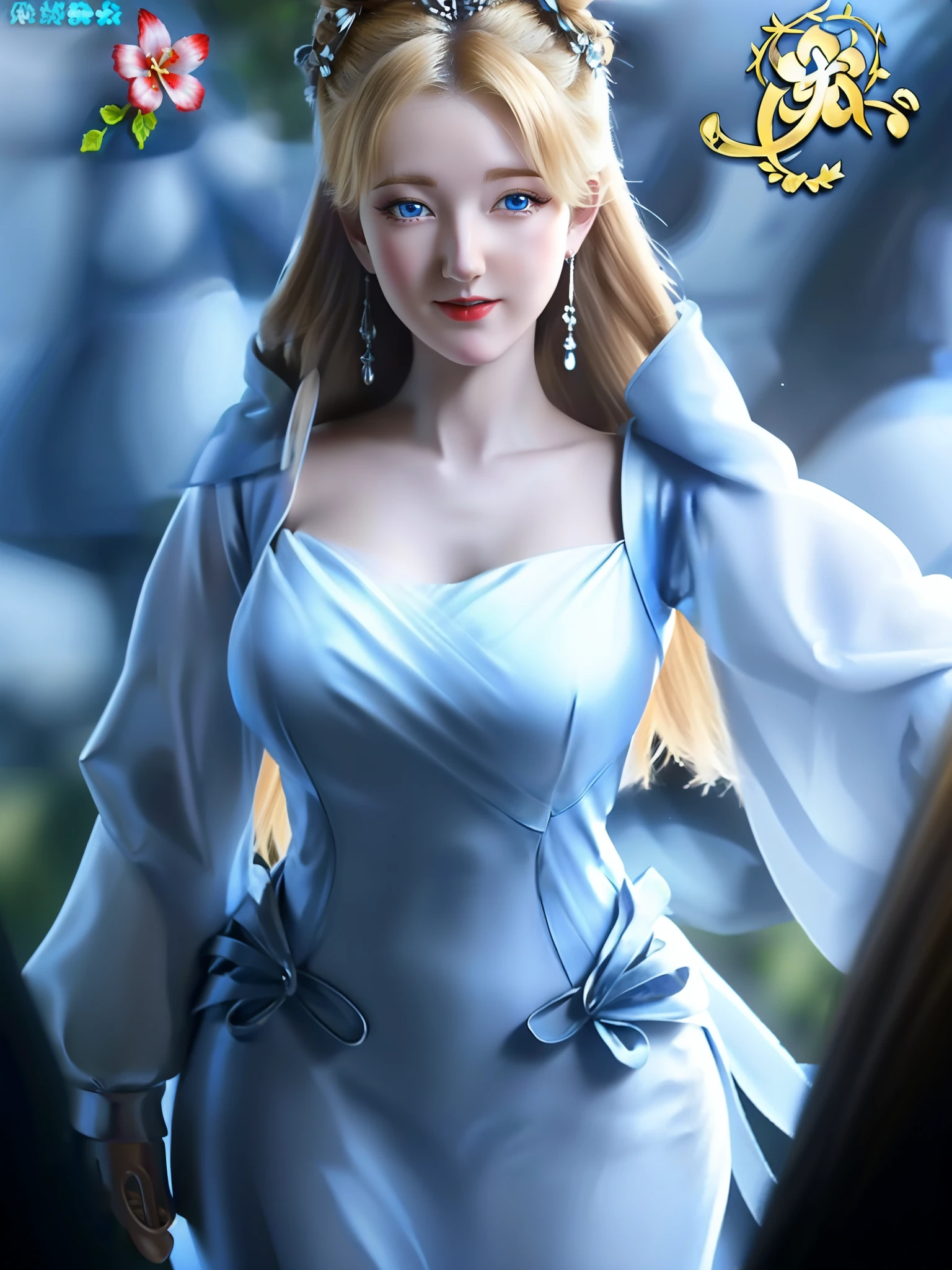 animetoreal,soft light, masterpiece, best quality,high quality,delicate face, realistic,photorealistic,1girl,,elsa_(frozen), frozen_(disney), 1girl, blonde_hair, blue_eyes, braid, medium_breasts, single_braid, earrings, snowflake_earrings, eyeshadow, makeup, long_hair, very_long_hair, bare_shoulders, blue_dress, cape, dress, long_dress, strapless, strapless_dress, blue_footwear, high_heels,in a traditional chinese room,floating_hair
