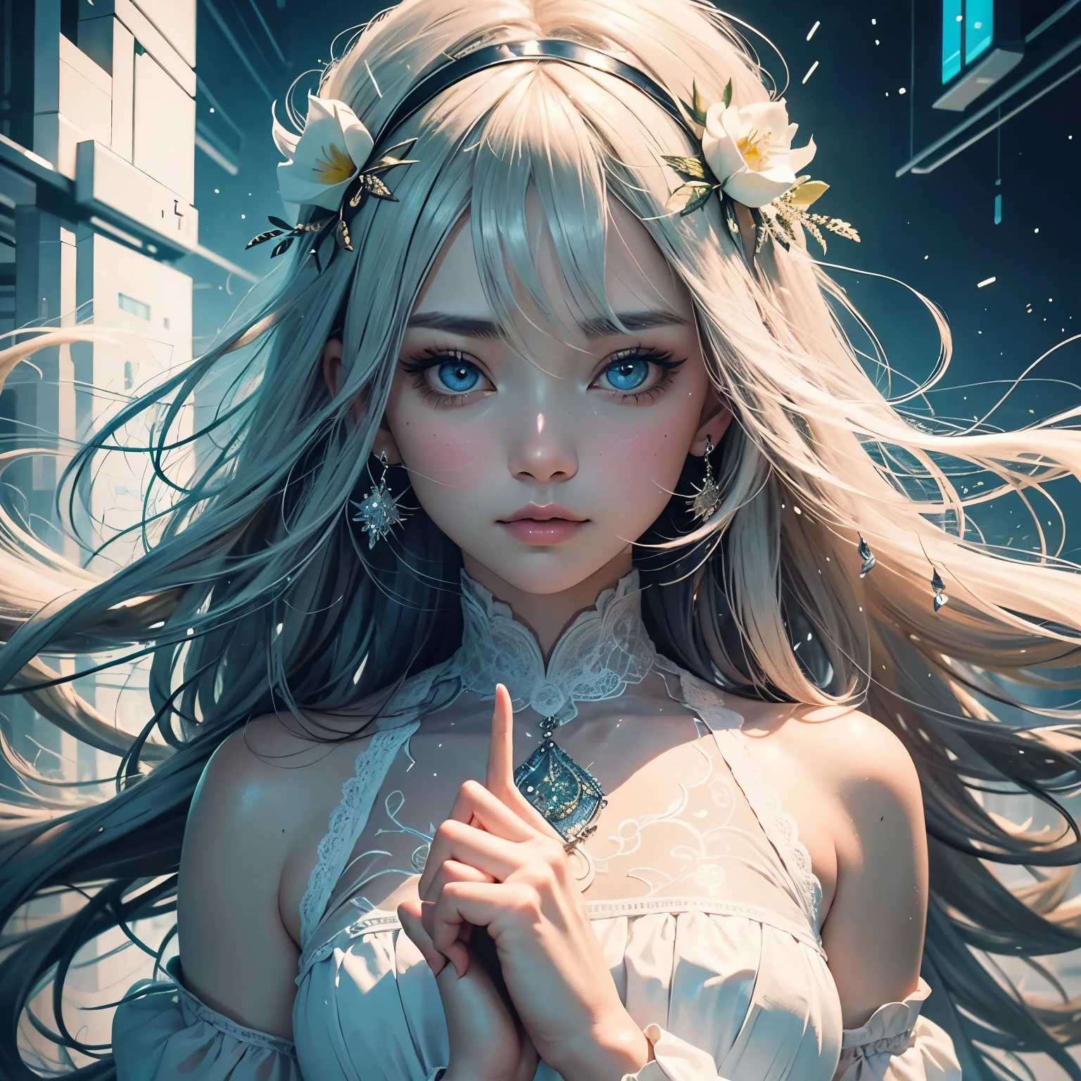 wahnsinnig detailliert (insanely detailed): This image depicts a solitary girl with a kawaii (cute) and perfectly symmetrical face, sporting ultrasüß (ultra-sweet) expressions. Her beautifully crafted hands, with their long, slender fingers, exude a calming aura as she places one finger to her closed mouth. Her expressive eyes, adorned with ultra-detailed lashes and irises, gaze directly at the viewer. Her long, flowing white (Rosa:1.2) hair cascades around her ultrasüß face, showcasing a multitude of intricate curls and highlights.
