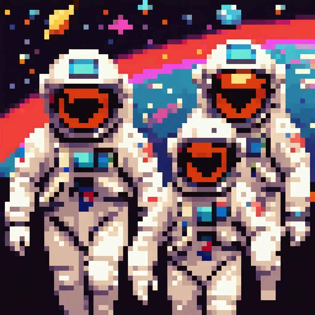 Pixel Art, Pixelated 1980s-style astronauts float above Earth in vibrant neon space with distant stars, detailed helmets, and white suits with red and blue accents, waving at each other. HD 2D Pixel Art :: Pixel style :: Pixels