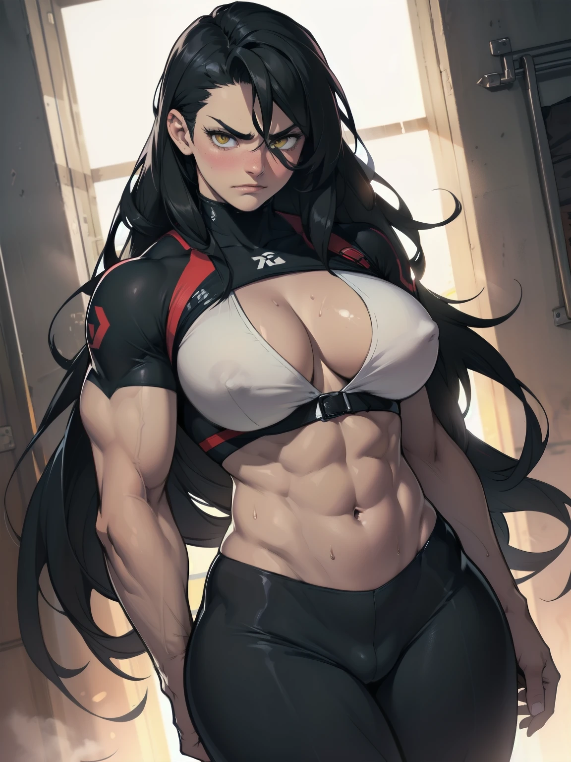 girl muscles huge breasts pale skin very long hair black hair yellow eyes sad blushing solo frown very long hair