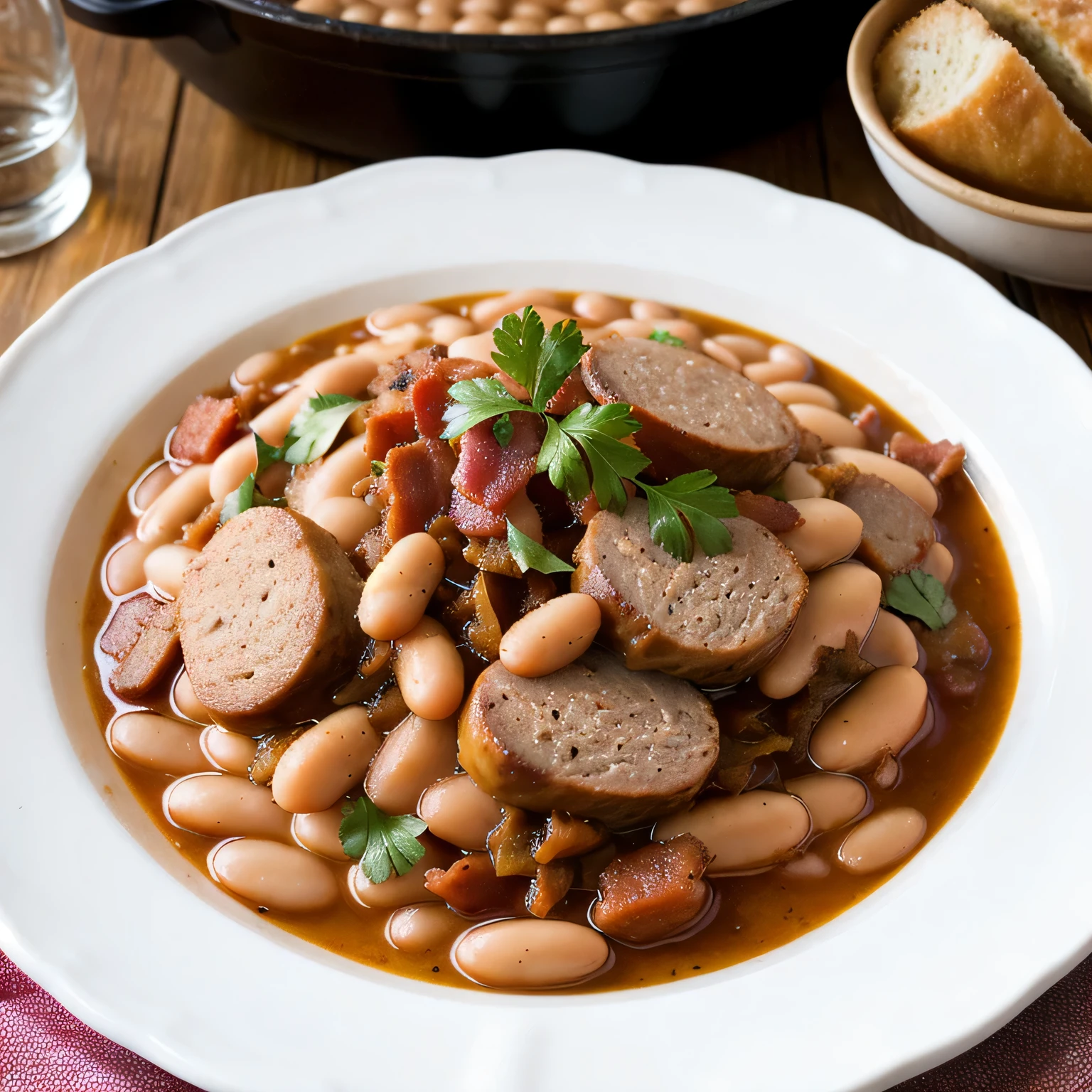 haricots blancs, saucisses, confit de canard, lard, plat traditionnel d&#39;Occitanie, ambiance rustique et chaleureuse, saveurs riches et copieuses, inviting aroma, simmering pot, Attractive presentation, generous portions, viande savoureuse et tendre, haricots savoureux, crispy and smoky lard, recette traditionnelle transmise depuis des générations, simmered perfection, carefully layered ingredients, mouth-watering golden crust, warm comfort food, plats de poterie rustiques, expérience culinaire authentique et émouvante, un avant-goût de la campagne française, celebration of local ingredients, patrimoine culturel sur une assiette, repas gourmand et satisfaisant, un chef-d&#39;culinary work highlighting the gastronomic tradition of the region, warm colors reflecting the&#39;ambiance cosy, Soft and natural lighting, capturer l&#39;essence de l&#39;culinary identity of the&#39;Occitanie.