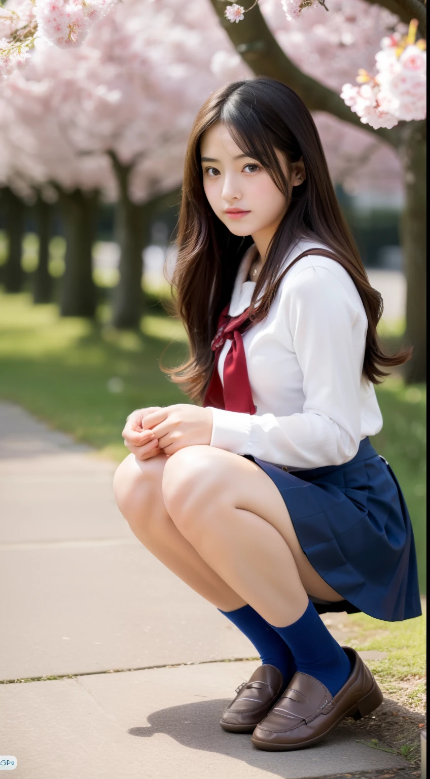ulzzang-6500-v1.1,(Masterpiece, BestQuality:1.3), Super detailed, finely, High resolution, 8k wallpaper, perfect dynamic composition, 18 year old girl、 (Super beautiful,squatting down:1.5), (mini skirt, fullbody、thin leg、loafers:1.4)、Japanese high school girl、sailor suit、bright look、best style,anatomically correct body,gorgeous atmosphere, larger breasts,under the cherry tree