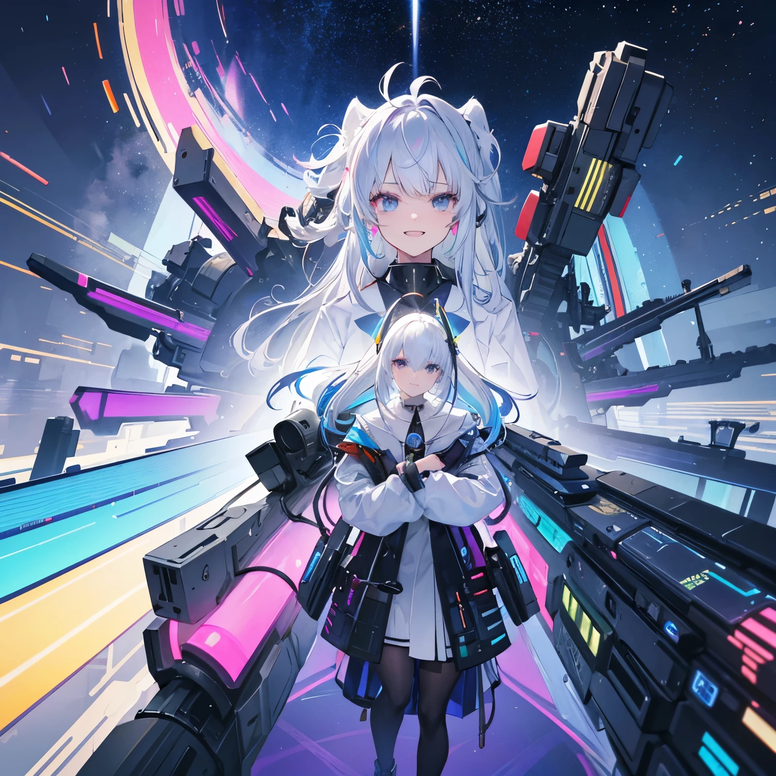 A gigantic gun whose half is a rainbow-colored 3D hologram. A beautiful white-haired scientist girl holding it. A laughing scientist with sci-fi elements in her accessories and clothes.