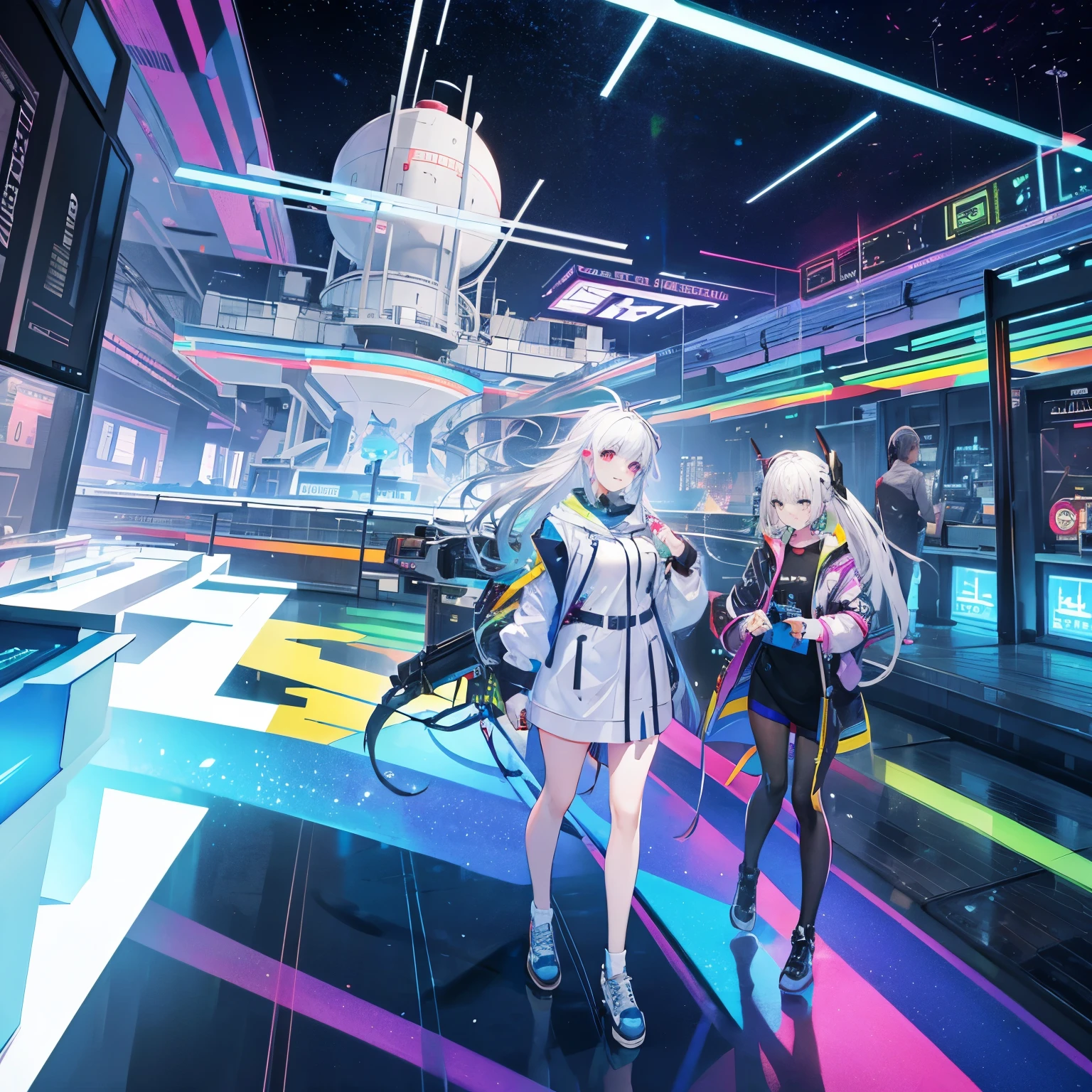 A gigantic gun whose half is a rainbow-colored 3D hologram. A beautiful white-haired scientist girl holding it. A laughing scientist with sci-fi elements in her accessories and clothes.
