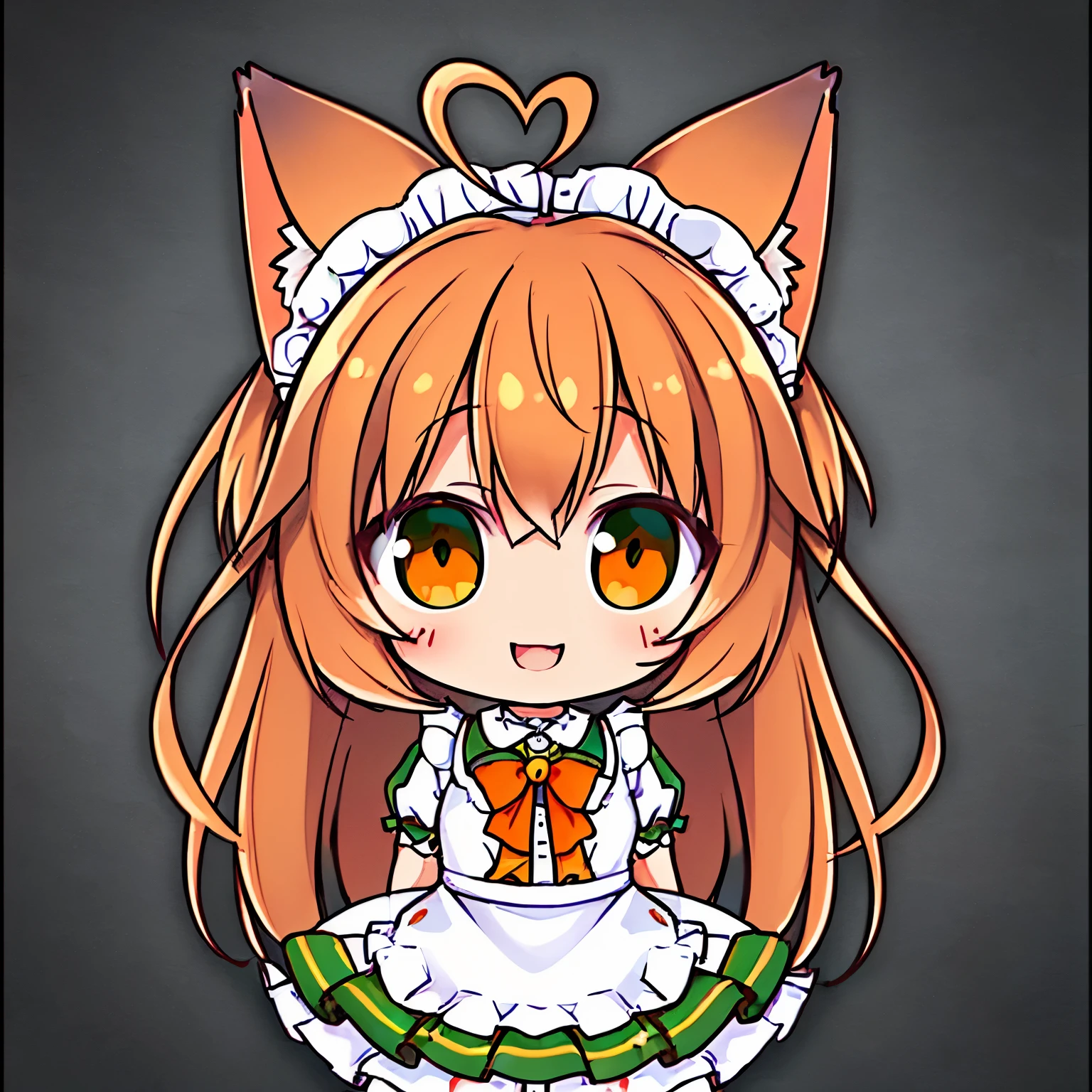 (best quality,4k,8k,highres,masterpiece:1.2),ultra-detailed,(realistic,photorealistic,photo-realistic:1.37),solid simple color background,fresh and gentle artistic style,one catgirl,long hair with an orange-brown gradient break orange big ears break blue_green eyes,heart-shaped ahoge,wearing a maid outfit,smiling ,facing the camera