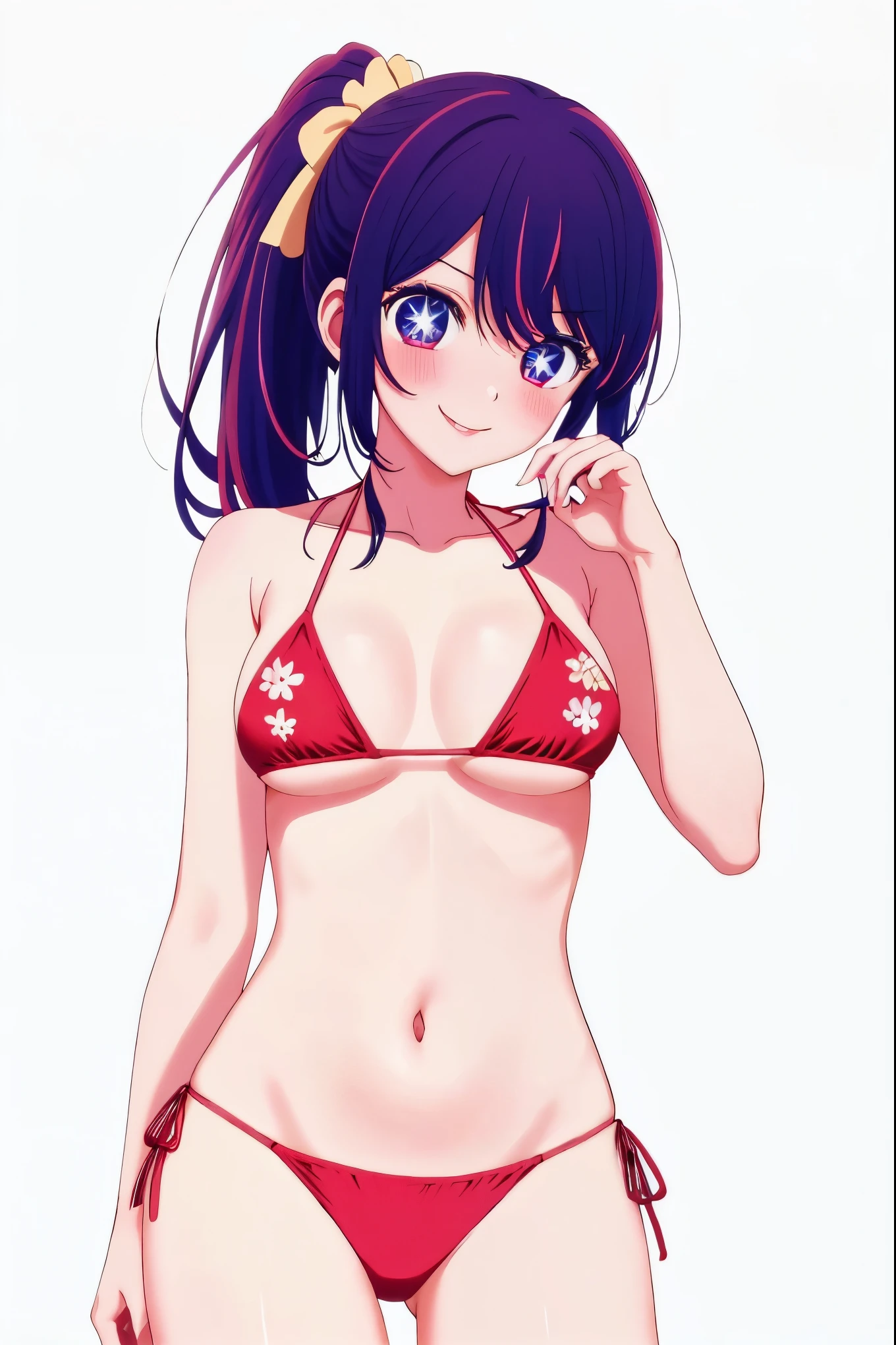 masterpiece, highest quality, 8K, ultra high resolution, highest quality, anime style, best writing, beautiful face, anime style, best writing, beautiful face, (1 girl), Ai Hoshino, Six-pointed star in the eye, (Colorful atmosphere), blush, cute style, saturated colors, Ai Hoshino, Big eyes, Eyes of Fantasy, purple hair, best smile, blush, hair accessory, (red bikini:1.3), (floral bikini:1.3), (ponytail:1.3), close, stand, cowboy shot, (simple white background:1.3)