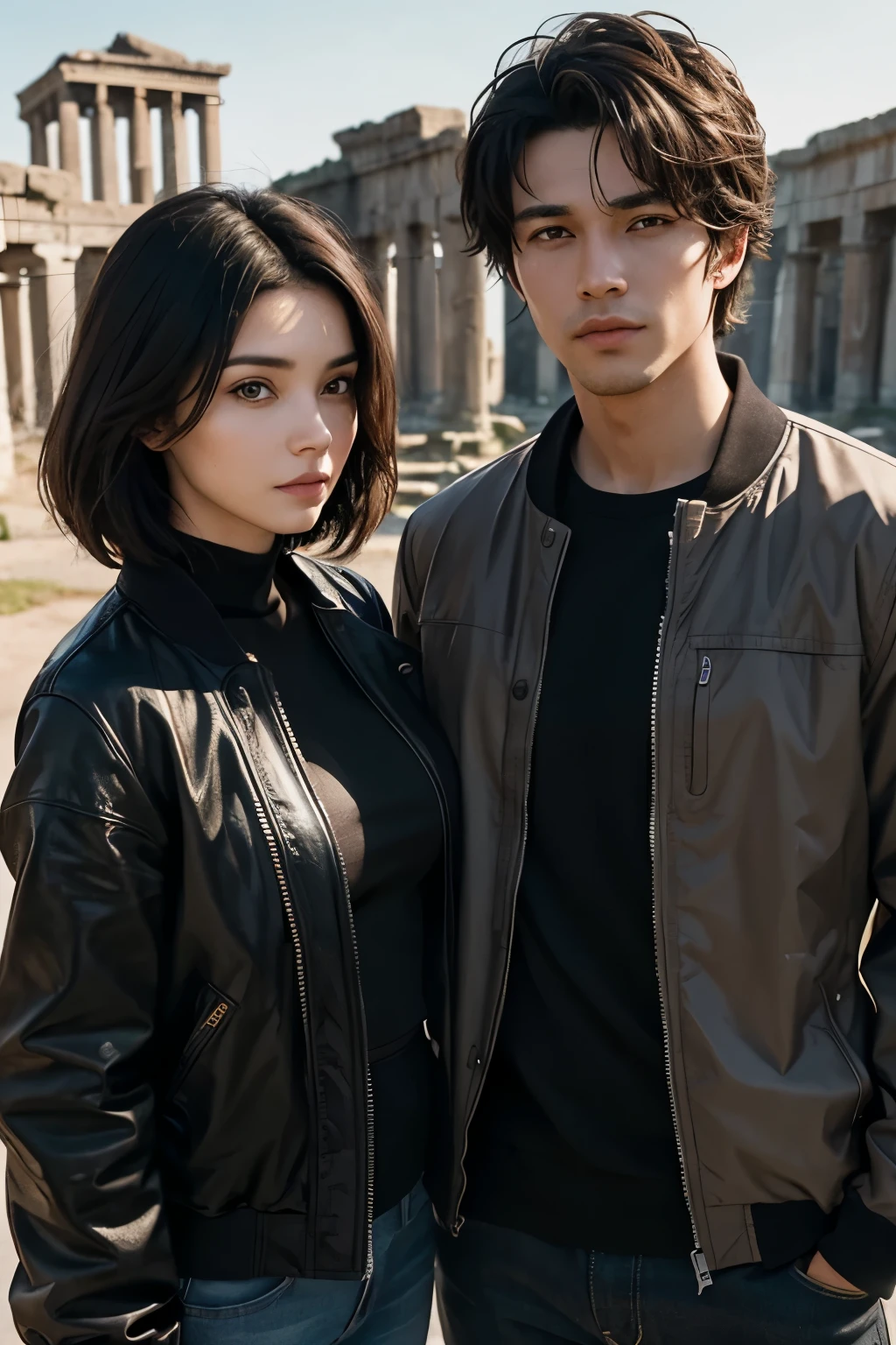 A handsome man and a beautiful woman. Late twenties. He is looking at the camera with a serious expression. The man has short black hair. The woman has dark brown hair. Both are wearing jackets. The ruins of a super ancient civilization exist in the background of the two of them.