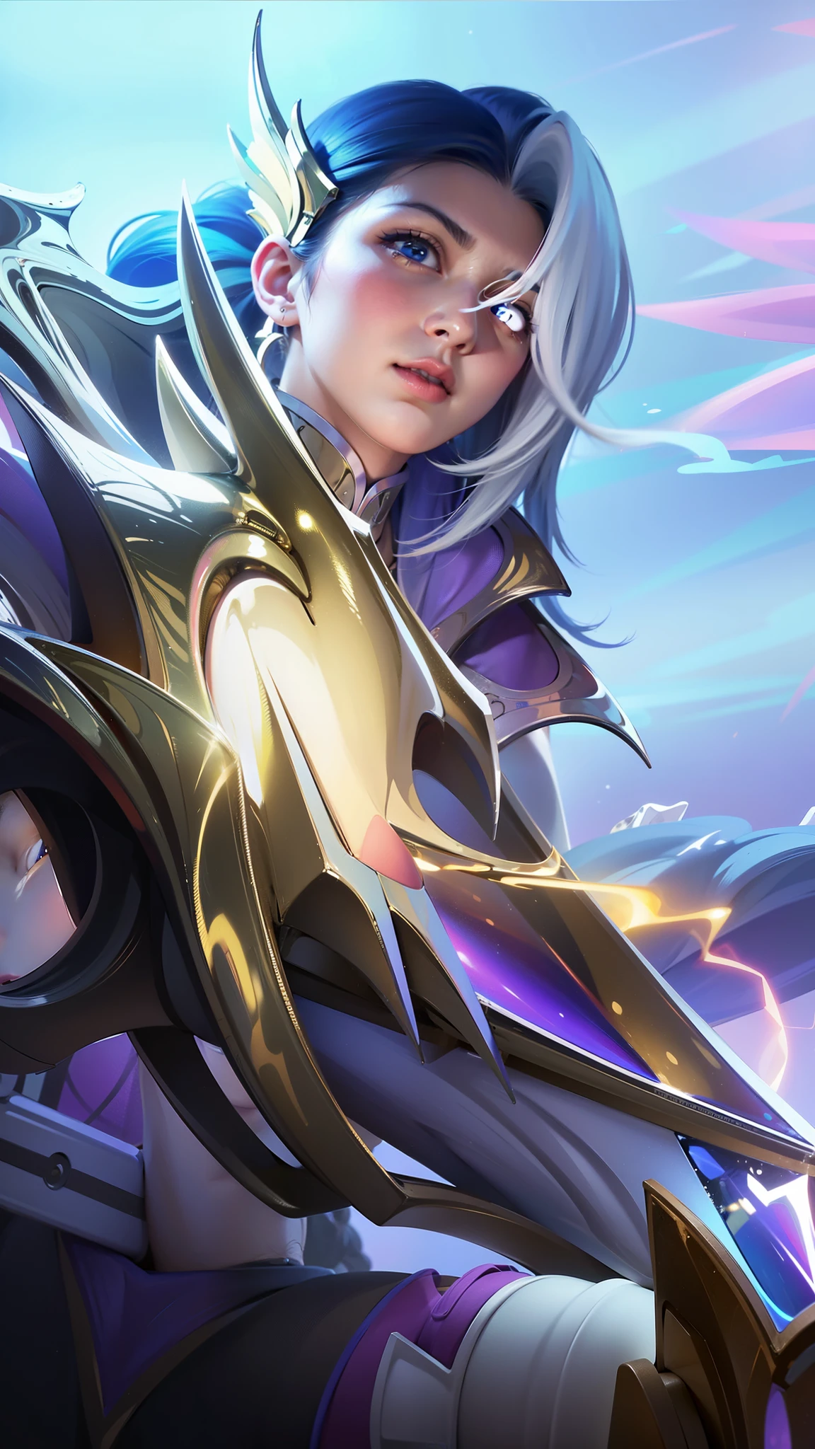 a close up of a woman with a gun in her hand, blue long hair, red lips glossy, 8k, ultra hd, ultra detailed texture, hyper realistic, masterpiece, detailed texture, detailed face, detailed skin, detailed lighting, (photorealistic:1.5), best quality, beautiful lighting, cinematic lighting, professional lighting, ultra highres, realistic, detailed hair, real hair, high quality, (realskin:1.5), extremely detailed, finely detail, ultra-detailed, (blue eyes 2.2)
