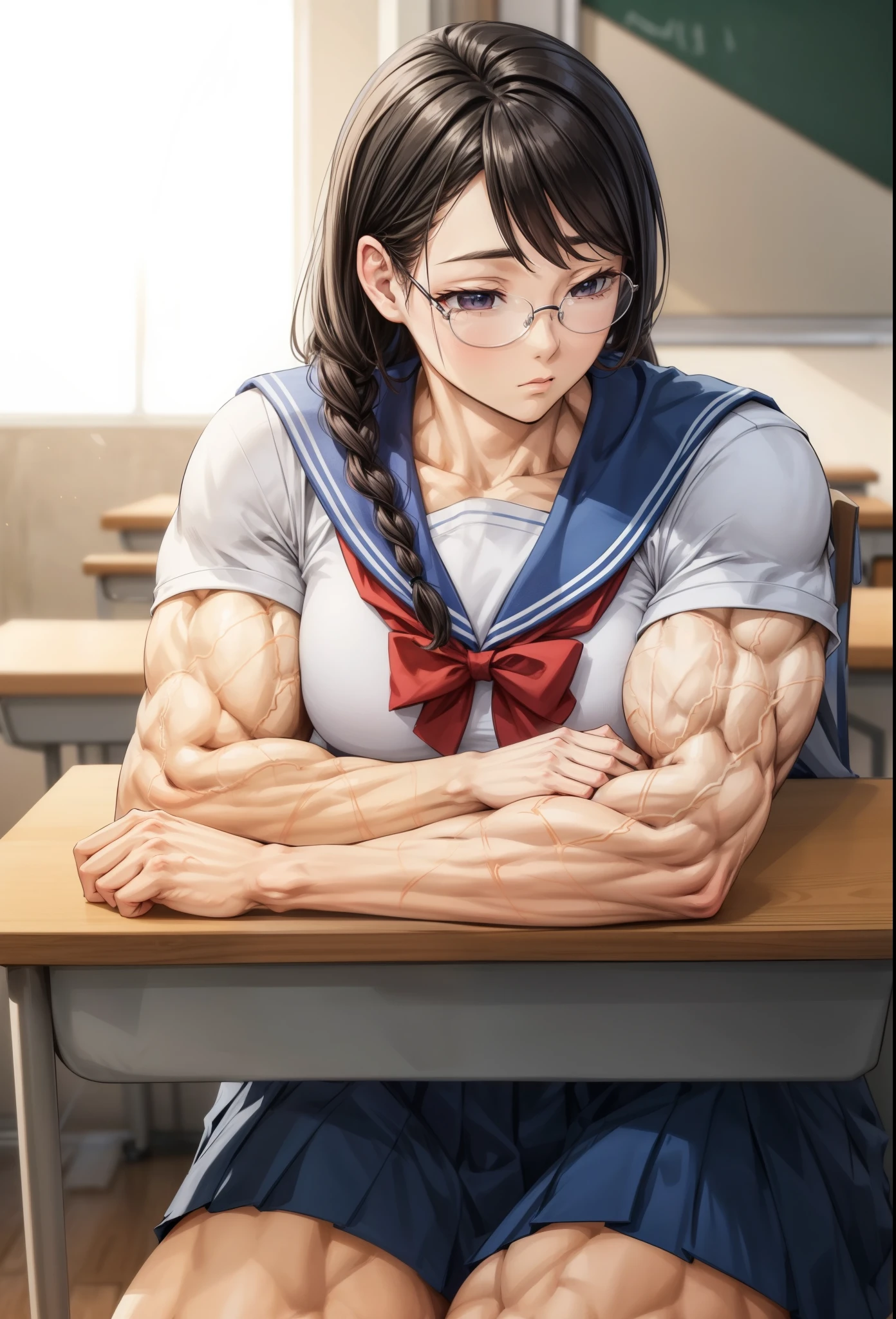  , best quality,1 girl, female,,beautiful,muscular ,glasses,school uniform,muscular shoulder,,,muscular female, alternate muscle size,