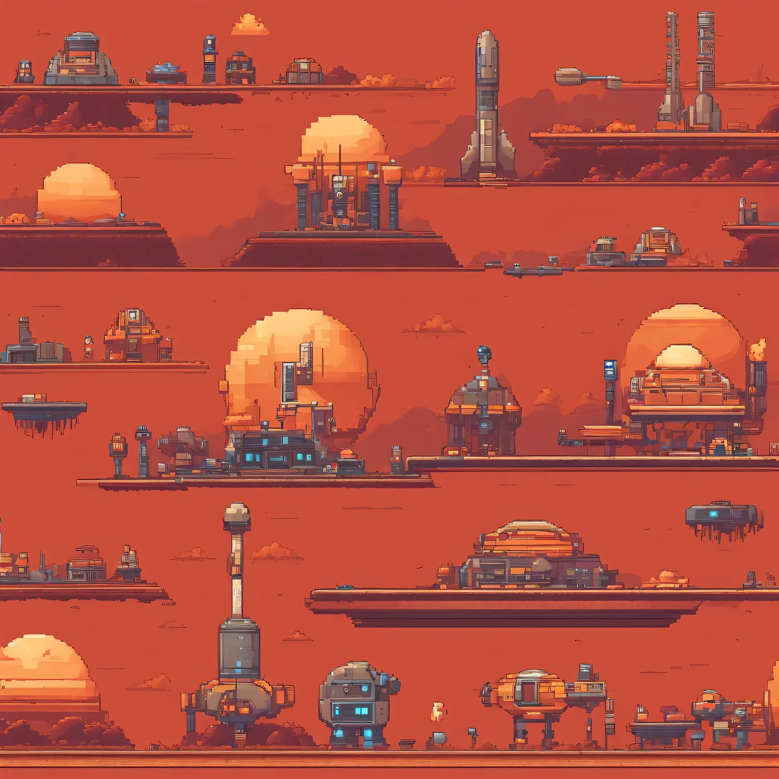 Pixel play style, Mars base, dusty red landscape, Retro 8-bit characters, low poly architecture, future technology, Rough terrain, Solar panels, oxygen dome, Rocket launch pad, orange tint, Sci-fi atmosphere, bright colors, mood lighting, Pixel art details, space exploration.