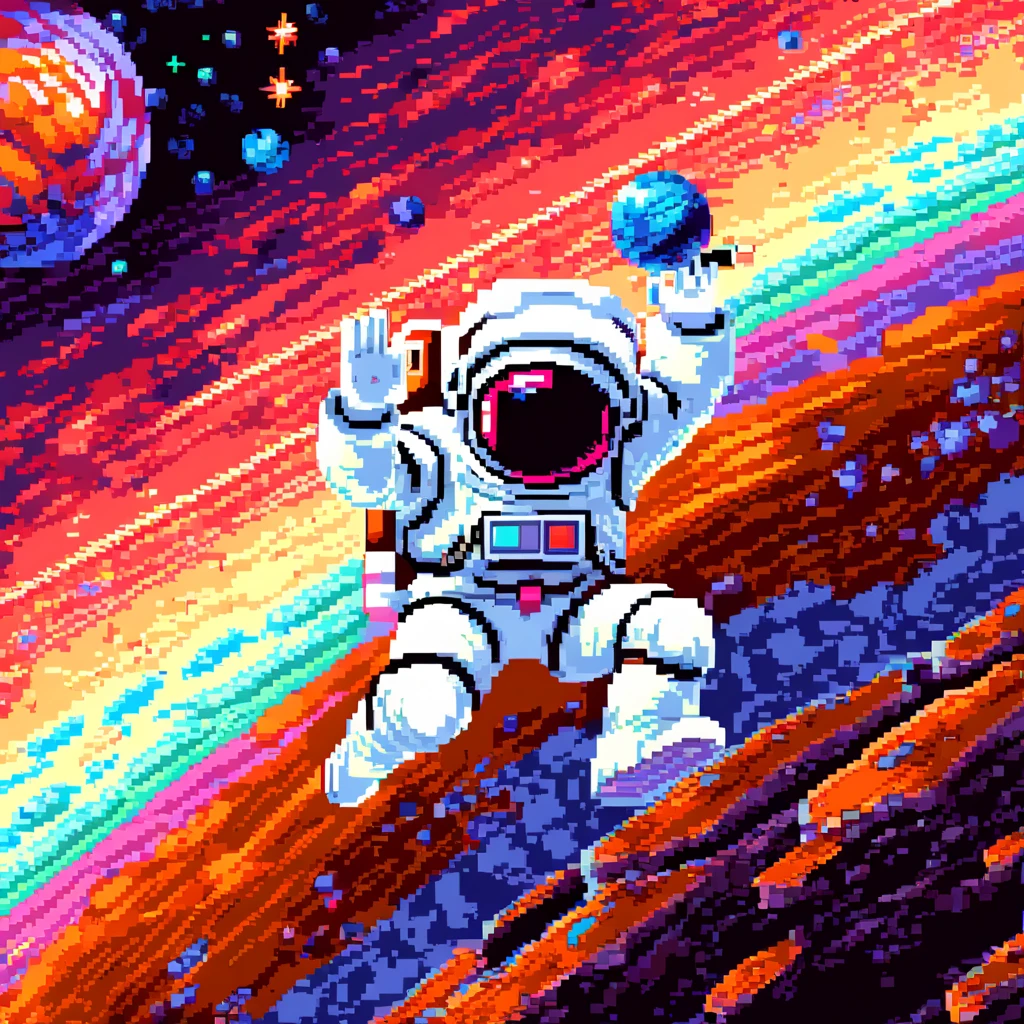 Pixel Art, Pixelated 1980s-style astronauts float above Earth in vibrant neon space with distant stars, detailed helmets, and white suits with red and blue accents, waving at each other. HD 2D Pixel Art :: Pixel style :: Pixels