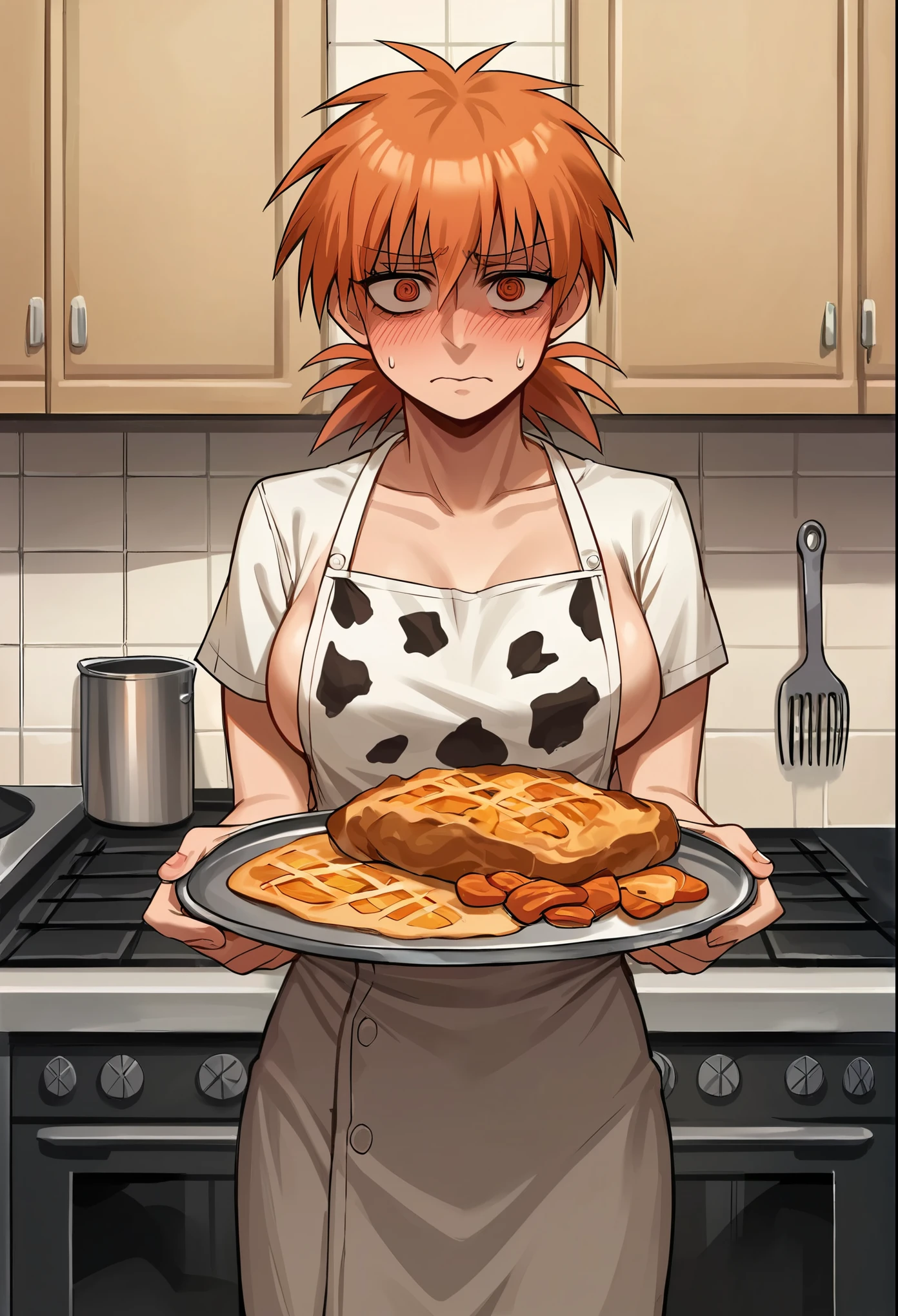 score_9, score_8_up, score_7_up, source_anime, 1girl, solo, boob window, cow pattern crop top, no bra, big tits, standing, holding a tray of burned food, gown, cooking, kitchen,  hellsing, seras victoria, front view, looking at viewer, embarrassed, shy, burnt food, charred burnt food,  charcoal burned food,  ginger hair