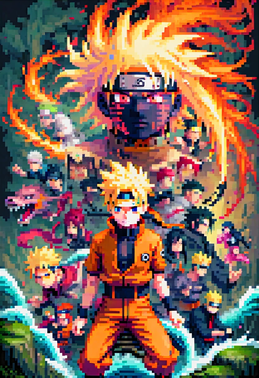 pixel art painting, "NARUTO", fantasy, (best quality, masterpiece, Representative work, official art, Professional, Ultra intricate detailed, 8k:1.3)