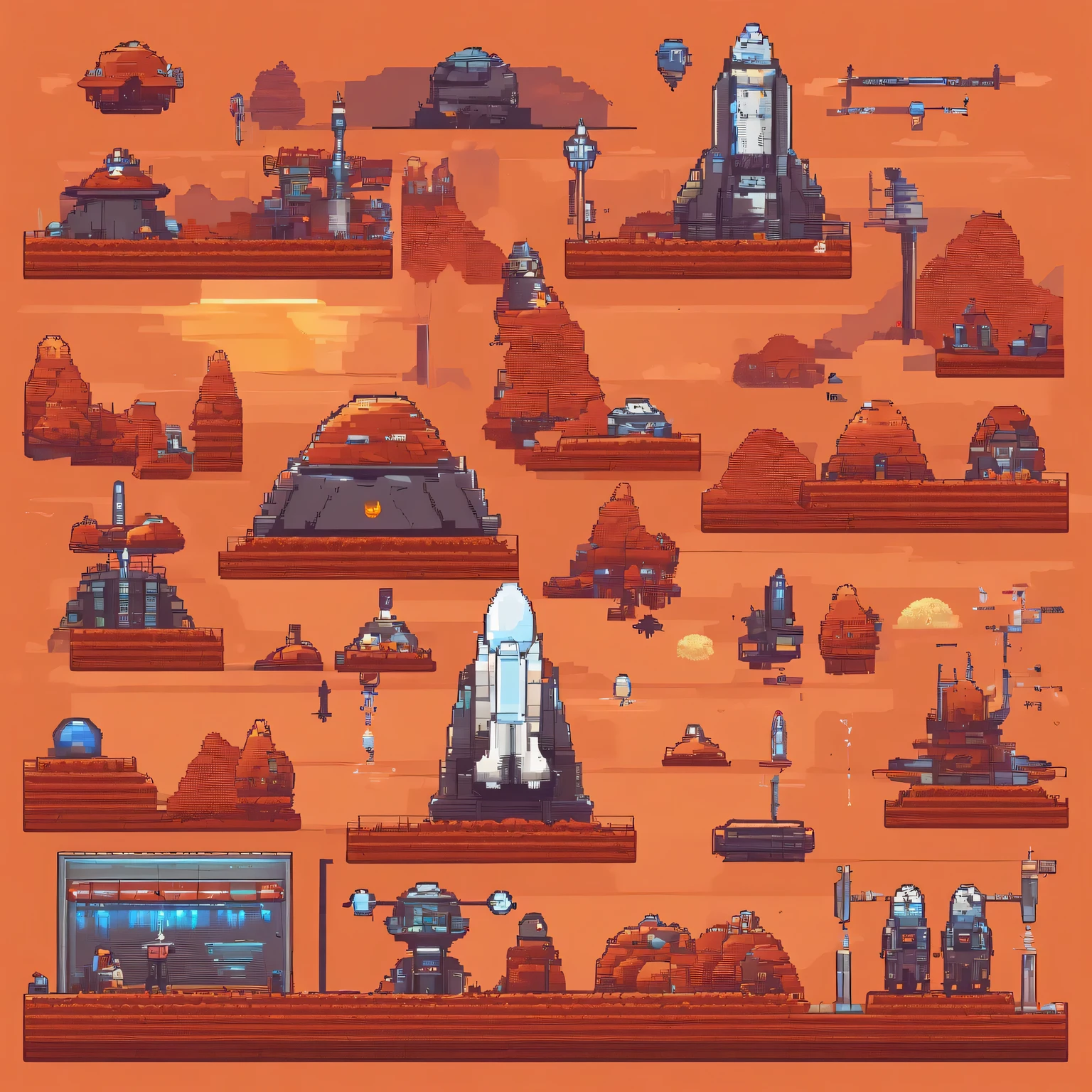 Pixel play style, Mars base, dusty red landscape, Retro 8-bit characters, low poly architecture, future technology, Rough terrain, Solar panels, oxygen dome, Rocket launch pad, orange tint, Sci-fi atmosphere, bright colors, mood lighting, Pixel art details, space exploration.
