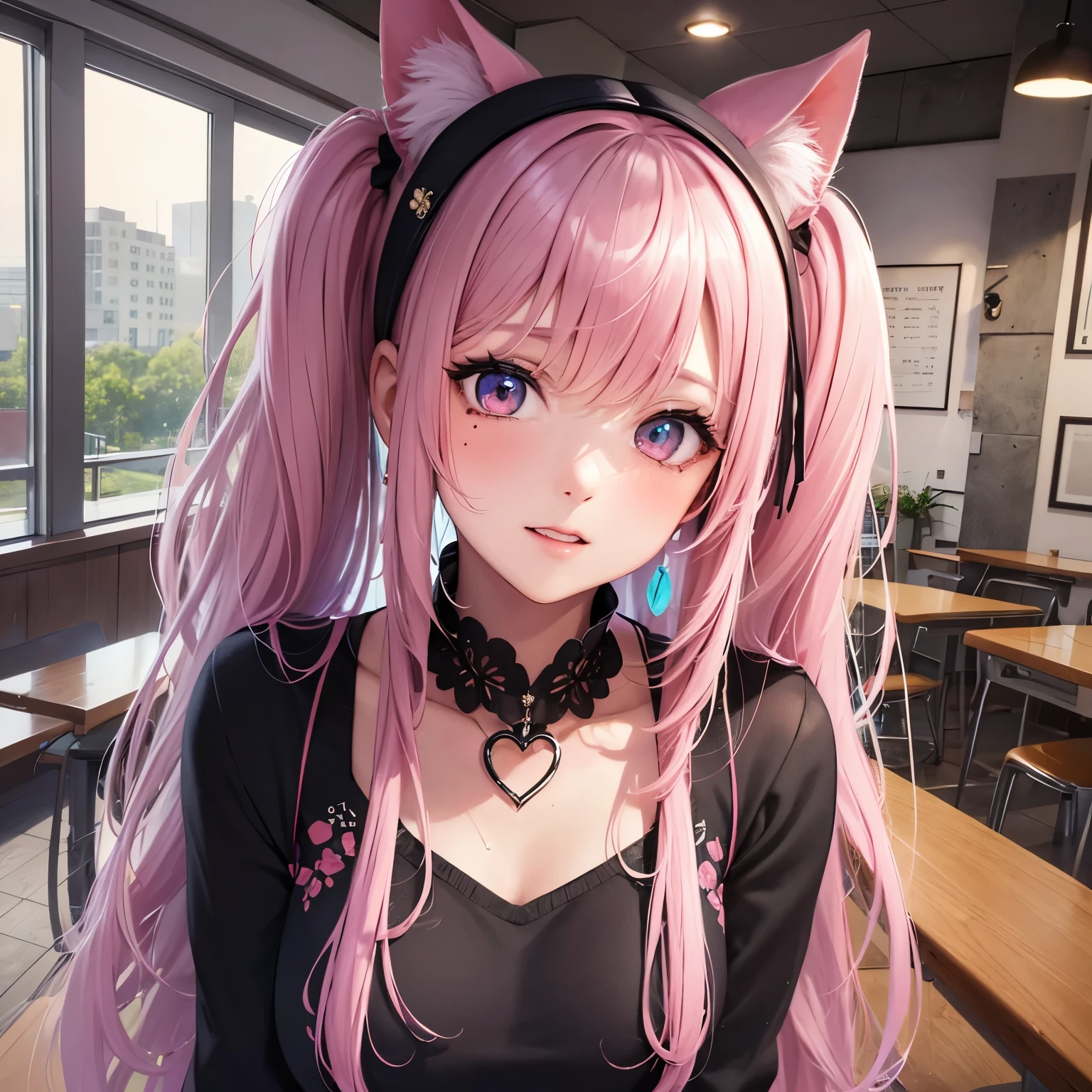 striped hair,pink twintail hair, Hello,  mole under eye, mole under mouth, heart shaped eyes, long eyelashes, pink eyes, heart shaped choker、Full body Esbian、look at the audience、shy, blush, teeth, ear blush, nose blush,anime style, color field paint, ray tracing, bloom, one person&#39;perspective, nffsw, award-winning, 16k, 最high quality, advanced details, high quality, table top, High resolution, Accurate, Super detailed
