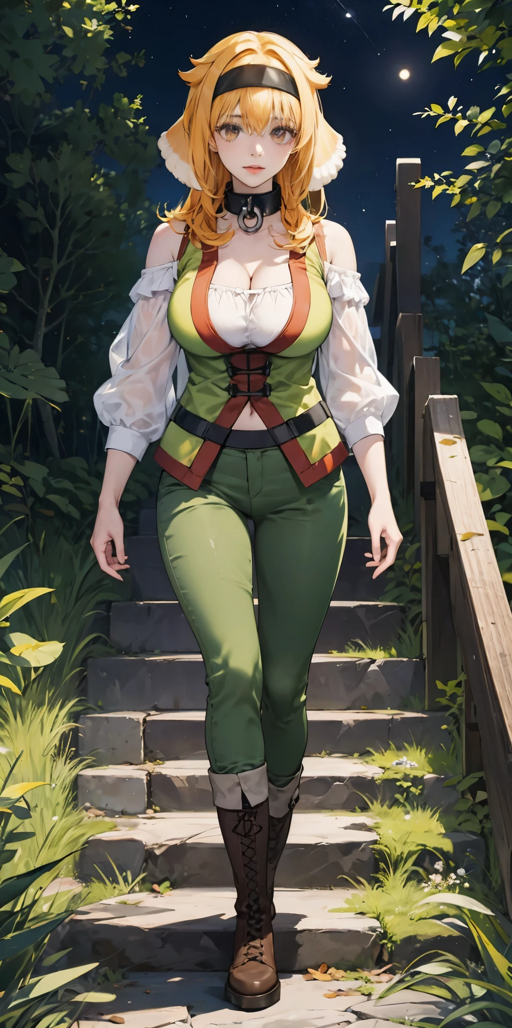 masterpiece, best quality, roxanne, dog ears, black hairband, collar, off-shoulder shirt, cleavage, green vest, green pants, large breasts, walking, stairs, forest, night sky, boots