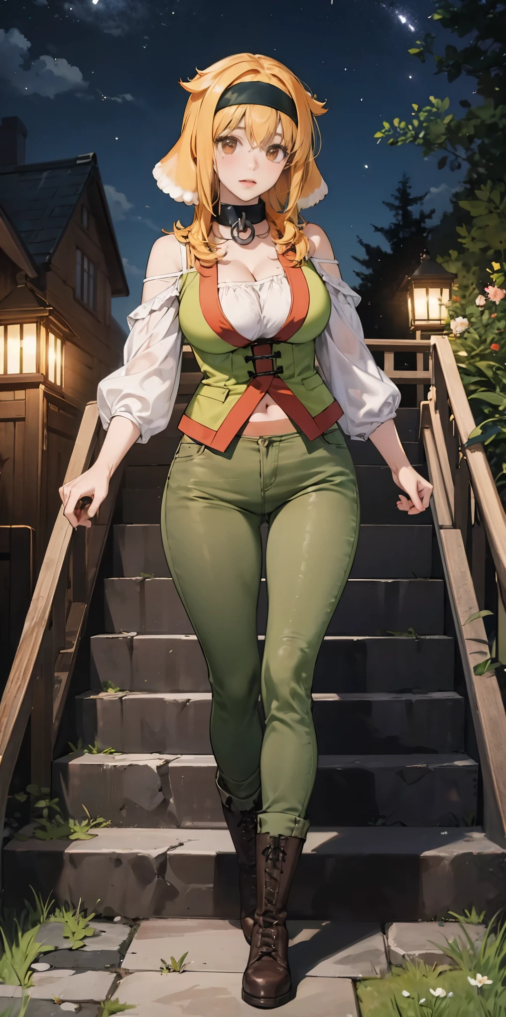 masterpiece, best quality, roxanne, dog ears, black hairband, collar, off-shoulder shirt, cleavage, green vest, green pants, large breasts, walking, stairs, forest, night sky, boots