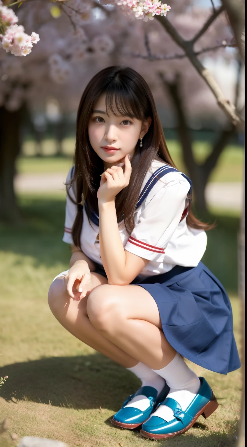 (realistic, photo realistic:1.2), ((highest quality)), return center of gravity, pretty embarrassing, white panties, (show panties:1.4),Tight Skirt, (Panty shot:1.3), (Pull-up skirt:1.3), (squat:1.4), heels on the ground, legs spread slightly, Squat with your knees up, put your butt on the ground, black penny loafers, beautiful face details, real human skin, gentle expression, Front view, angle from below, realistic, photorealistic, cute, short skirt, squat deep on school grounds, cute school girl, japanese high school girl uniform, sailor suit, whole body,smile, natural smile, charming smile, enchanting smile, (looking at the viewer:1.2), From before, from below,