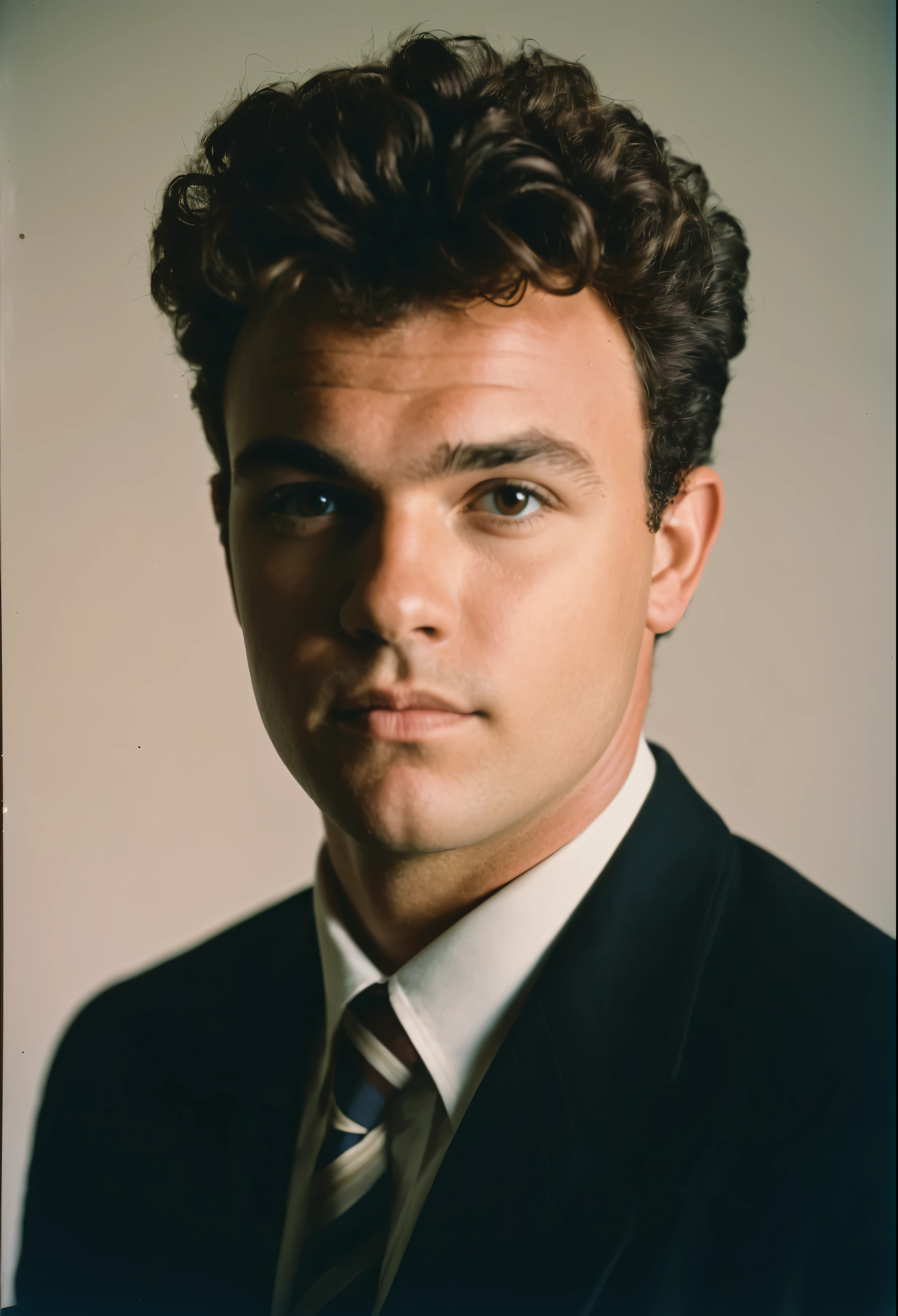 analog film photo, modern day photo of a young student, 30 years-old, male, brown-black hair, short curly quiff haircut, brown eyes, caucasian, round face, oval-shaped jawline, bulbous nose, full lips, thick eyebrows, soft features, stocky broad frame, chubby, handsome, resembles a younger John C Reilly, (relaxed school uniform:1.1), silhouette, backlit, split lighting, half face in shadow, RAW Photograph, dslr, hard lighting, hard shadows, high quality, film grain, Fujifilm XT3, detailed skin with visible pores, insane details, masterpiece, 8k, 35mm photograph, dslr, kodachrome, faded film, desaturated, 35mm photo, grainy, vintage, Kodachrome, Lomography, stained, highly detailed, found footage, yearbook portrait, contemporary, 2024, stock photo