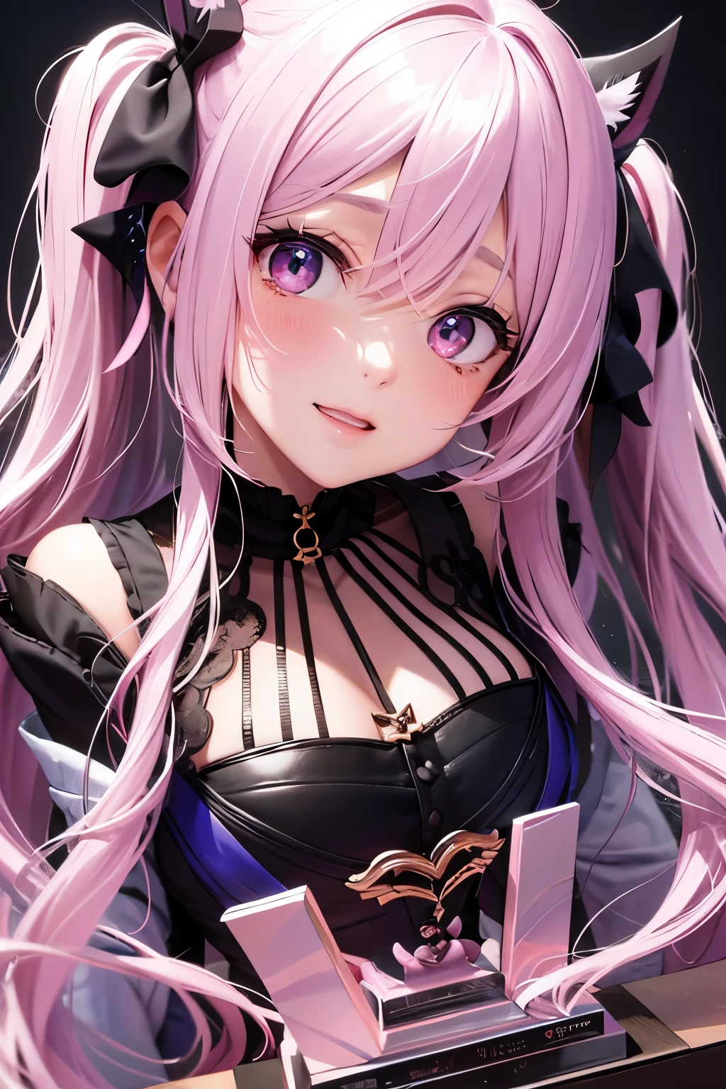 Anime girl with pink hair and a ribbon in her hair, Cute realistic portrait, 髪の毛はSilver、Gweitz, Magical Girl Portrait, Cute Characters, Cute art style, Anime Moe Art Style, MapleStory character art, cute portrait, Cute Anime Girl Portrait, Small person portrait, artwork in the style of Gweitz, Splash Art 、Lace bra、See-through、sexy lace top、I&#39;m not wearing a skirt)、Silver、Long twin tails、bird、Wind、Thick thigharried Woman