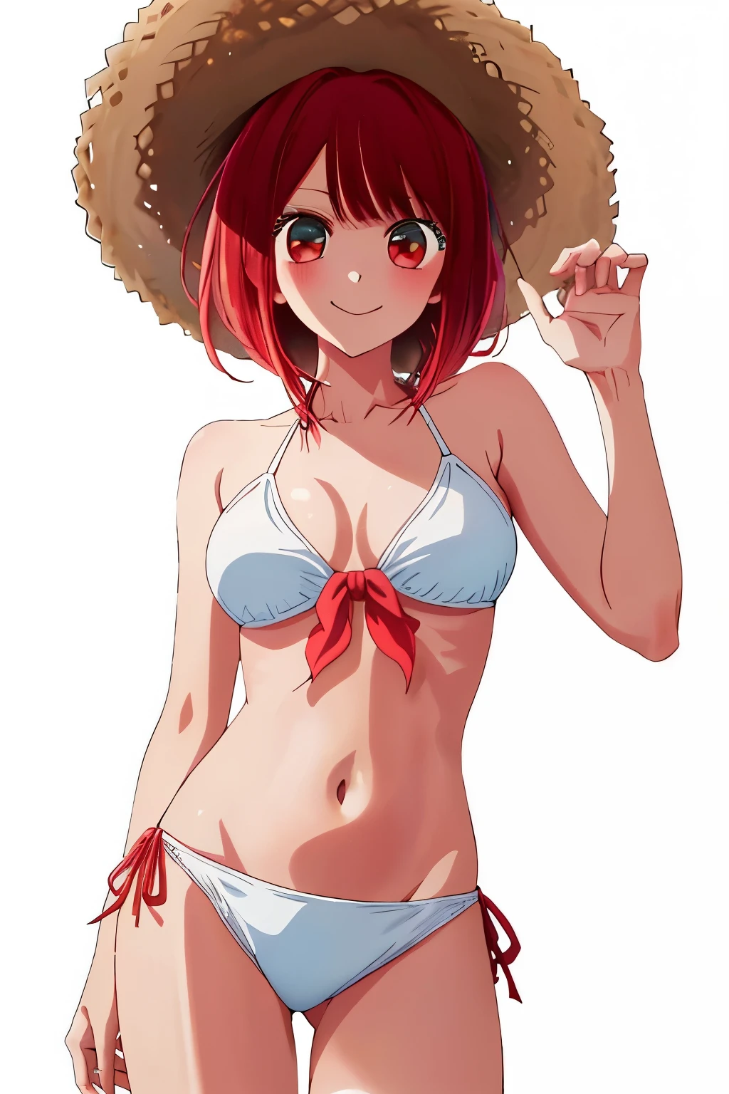 masterpiece, highest quality, ultra high resolution, highest quality, anime style, best writing, beautiful face, masterpiece, very detailed, (1 girl:1.2), redhead, (White low-rise bikini:1.3), (straw hat:1.3), short hair, free pose, best smile, beach, sandy beach, cowboy shot, (simple white background:1.3)