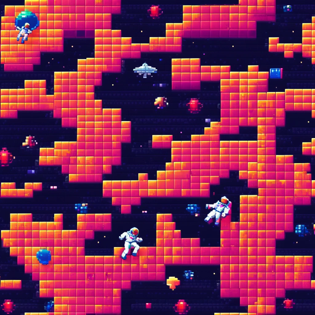 Pixel Art, Pixelated 1980s-style astronauts float above Earth in vibrant neon space with distant stars, detailed helmets, and white suits with red and blue accents, waving at each other. HD 2D Pixel Art :: Pixel style :: Pixels