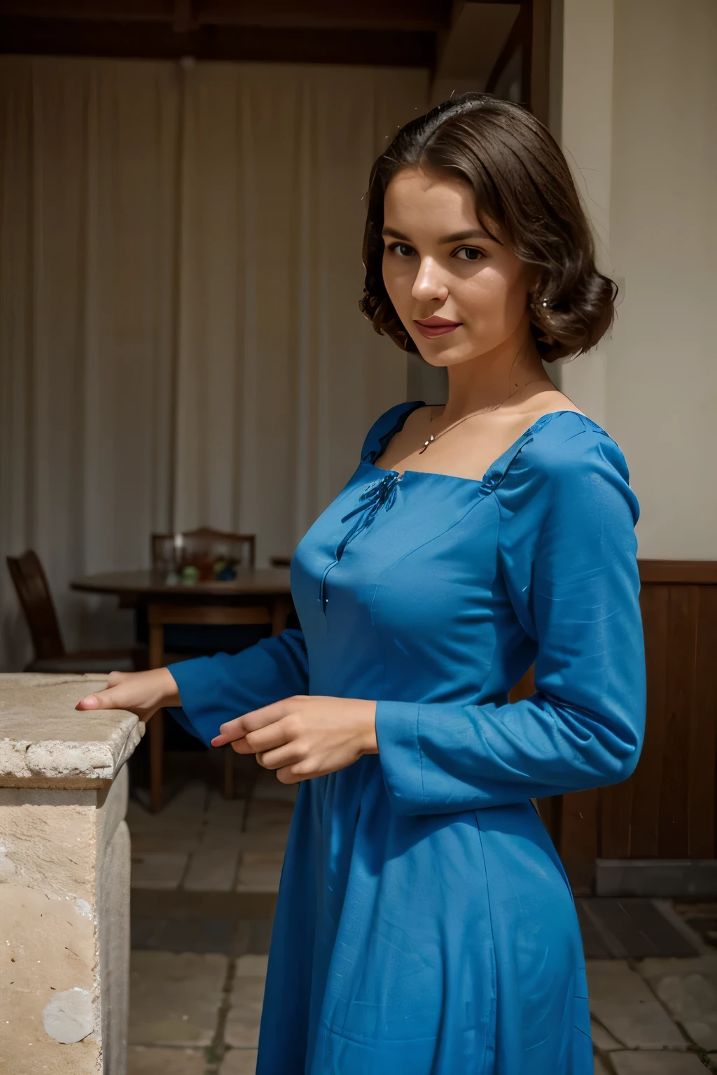 Woman of the 1940s, vestido azul, cerca de 50 anos
