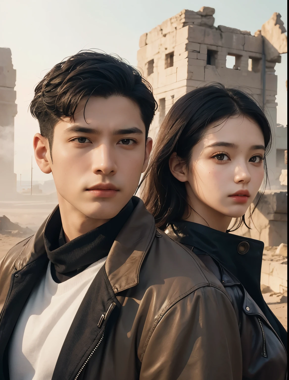 A handsome man and a beautiful woman. Late twenties. He is looking at the camera with a serious expression. The man has short black hair. The woman has dark brown hair. Both are wearing jackets. The ruins of a super ancient civilization exist in the background of the two of them.