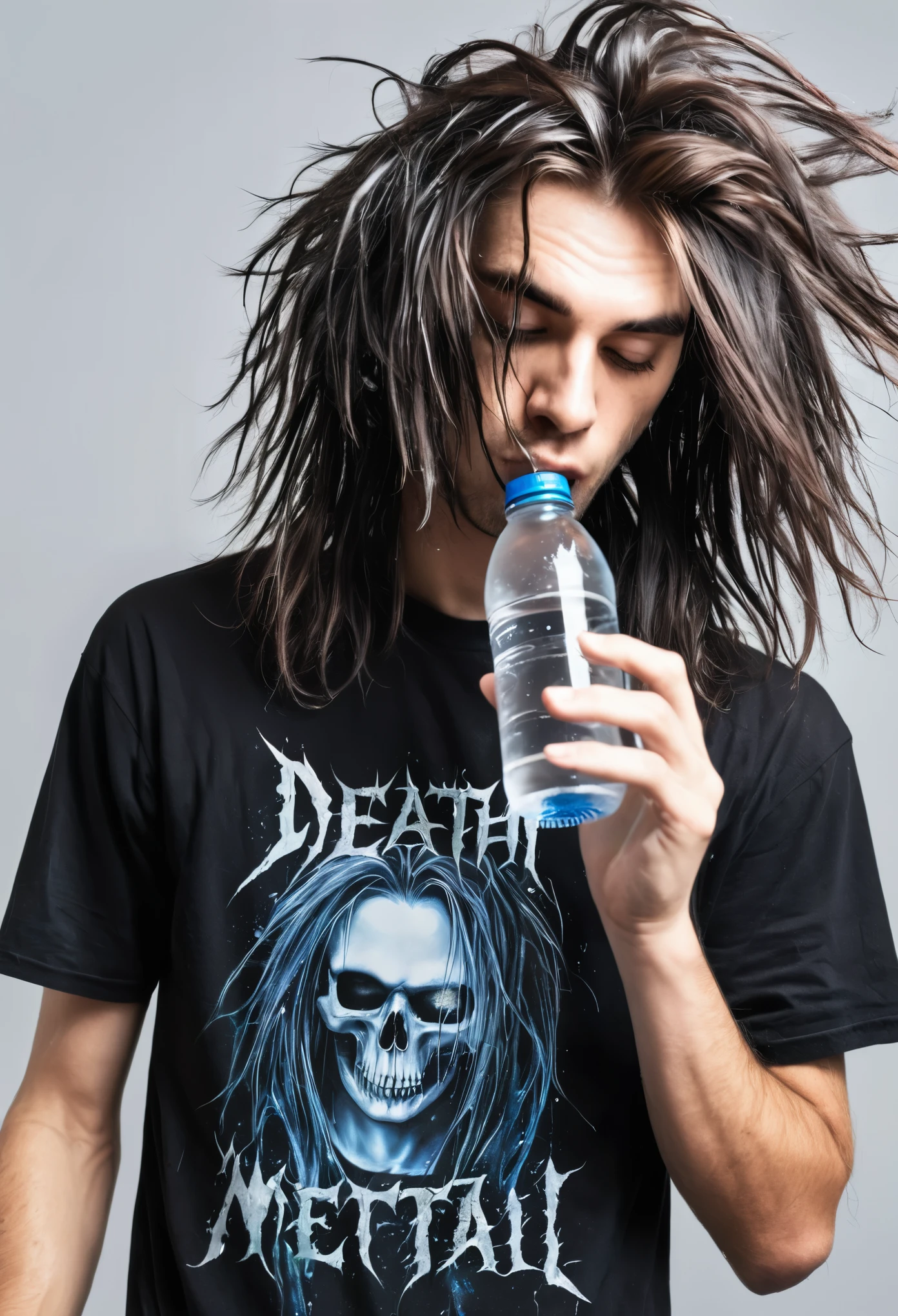 A young man with long, messy hair wearing a black t-shirt with a death metal picture on it, was drinking mineral water from a bottle