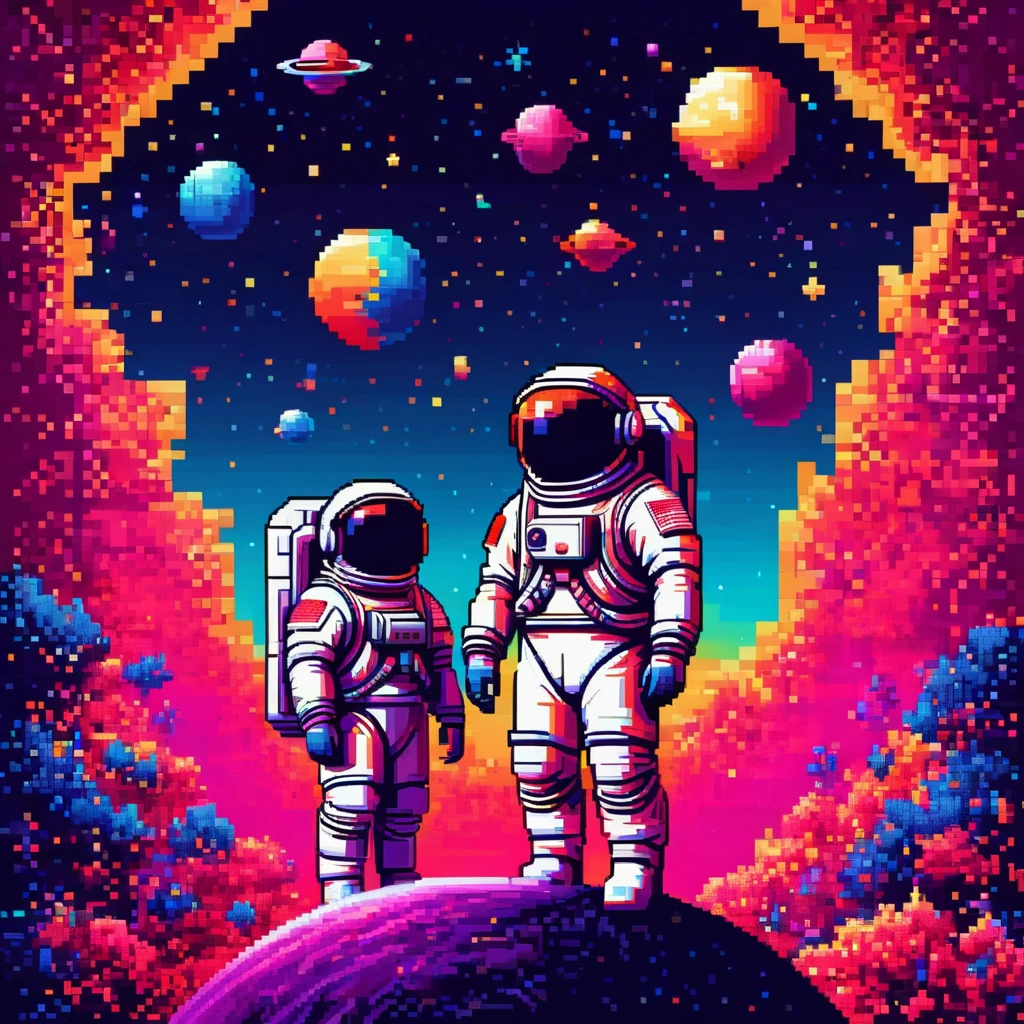 Pixel Art, Pixelated 1980s-style astronauts float above Earth in vibrant neon space with distant stars, detailed helmets, and white suits with red and blue accents, waving at each other. HD 2D Pixel Art :: Pixel style :: Pixels