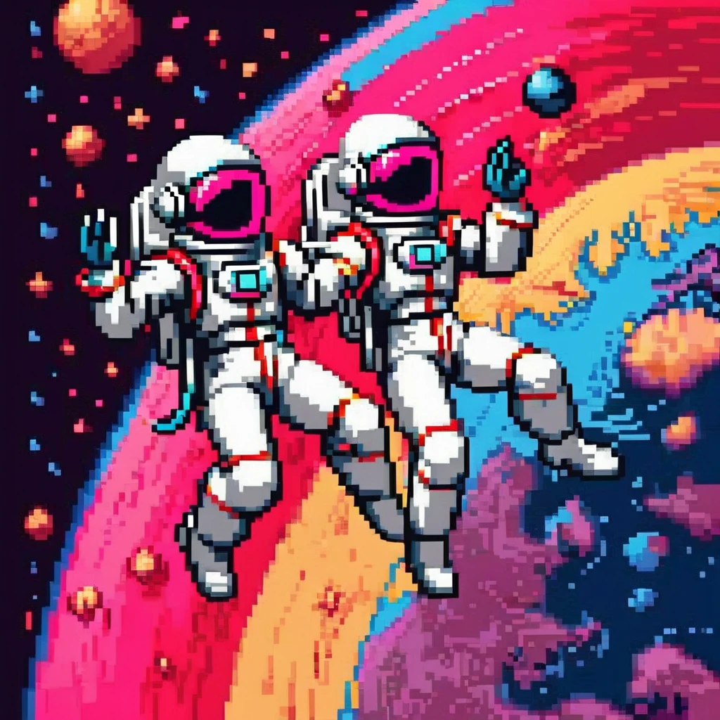 Pixel Art, Pixelated 1980s-style astronauts float above Earth in vibrant neon space with distant stars, detailed helmets, and white suits with red and blue accents, waving at each other. HD 2D Pixel Art :: Pixel style :: Pixels