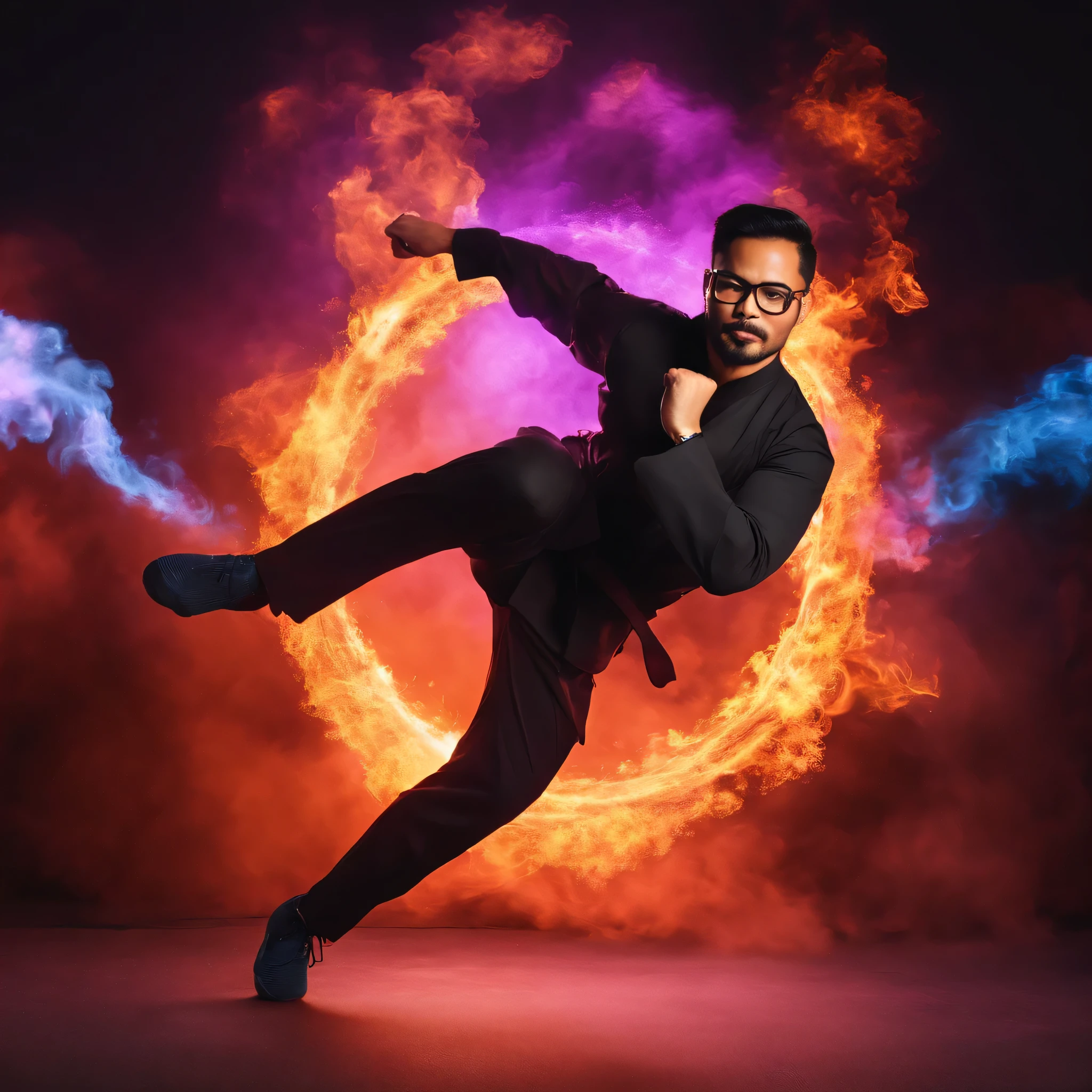 an handsome malaysian man 30 yo wearing glasses with tiny beard, doing martial artist avatar style, is performing a flying kick, apparently detailing the name "SHUKRI". Colorful fire flames such as purple yellow green blue white appear around the words, as if coming out of it.The background seems to reflect the light of neon fire.The colors &picture is realistic, and the picture quality is high, the lighting of the red fire is monochromatic.with a Mandala pattern emitting blue light on