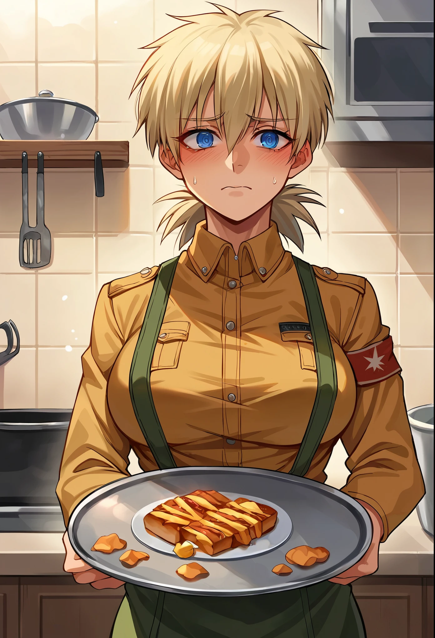 score_9, score_8_up, score_7_up, source_anime, 1girl, solo, boob window, no bra, big tits, standing, holding a tray of burned food, gown, cooking, kitchen, hellsing, seras victoria, front view, looking at viewer, embarrassed, shy, tray on table, arms behind back, blue Eyes